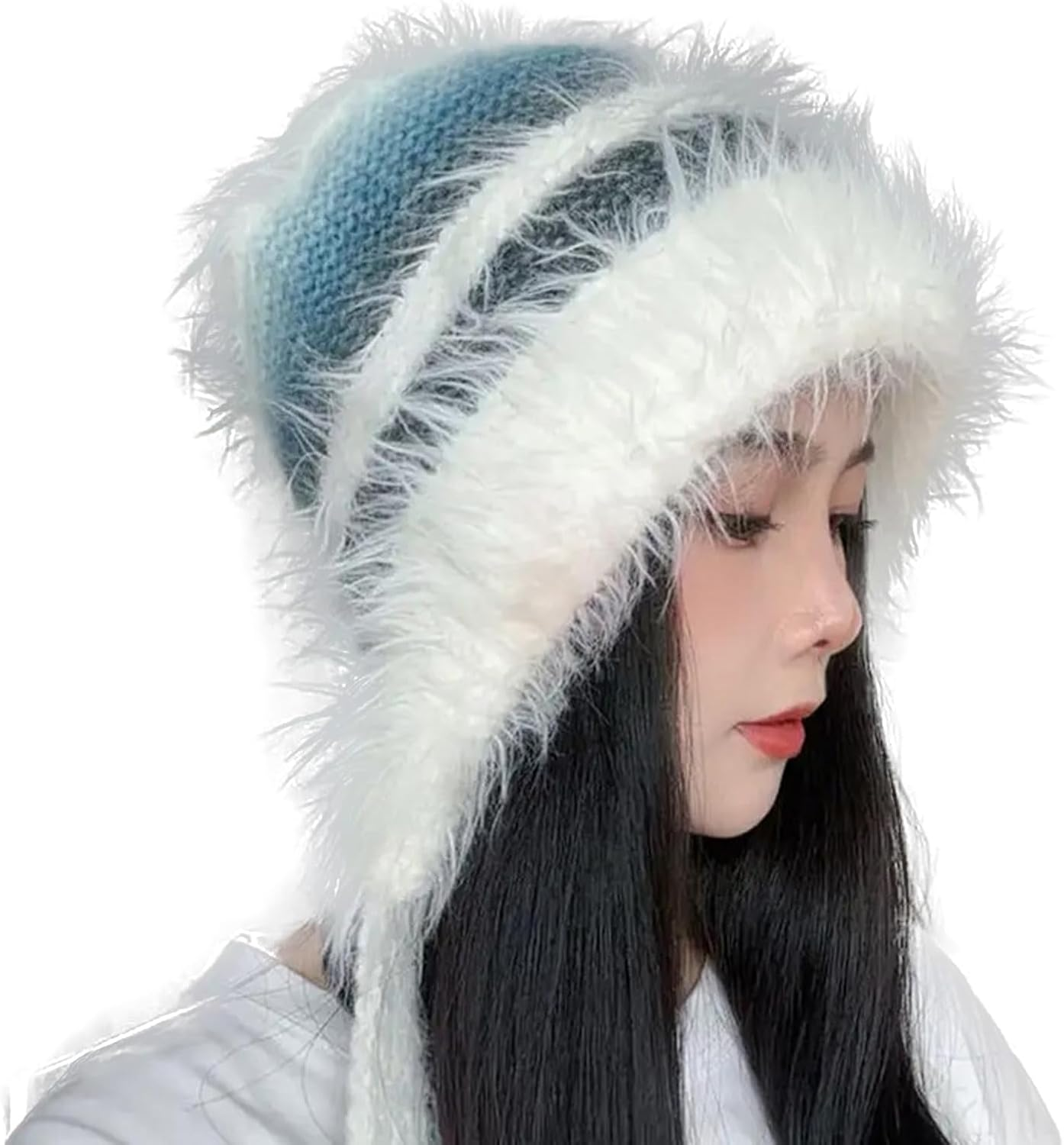 AWOCAN Women Fluffy Faux Fur Hat Winter Knitted Slouchy Beanie Cap Windproof Cover Ears Beanie Hat - Blue image number 5