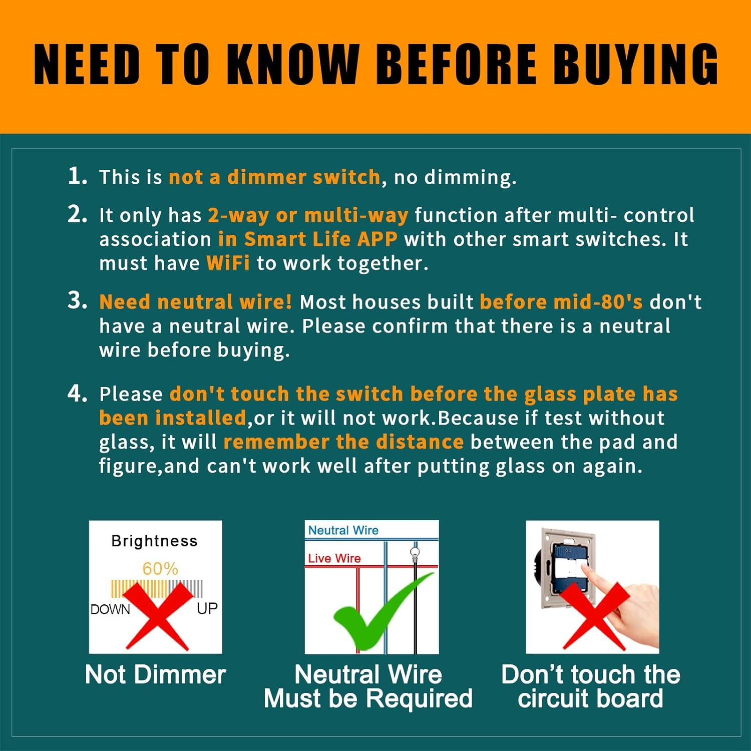 CNBINGO Smart Touch Light Switch Works with Alexa, Google Assistant - WLAN Switch Flush-Mounted - with Glass Panel - Wall Switch Quadruple in White - Neutral Conductor Required - 600 W/Compartment