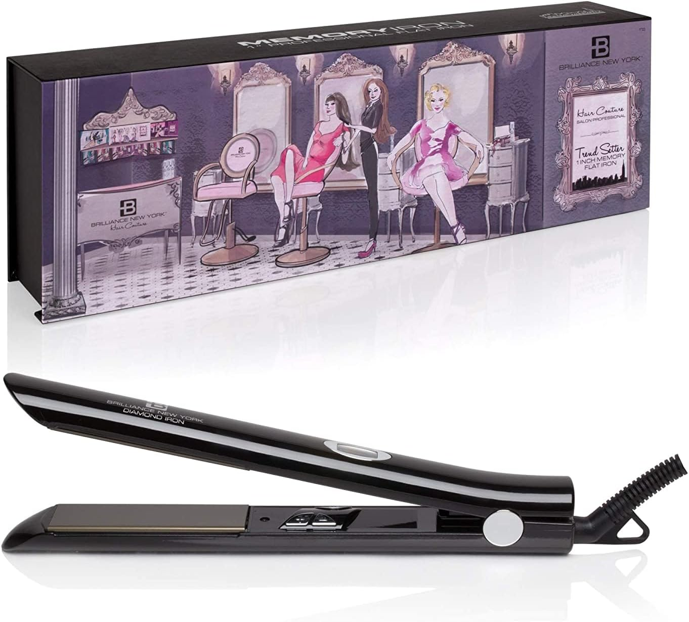 Brilliance New York - 1 Inch Diamond Titanium Flat Iron - 2 in 1 Hair Straightener and Curler - Anti-Static, Frizz-Free Ionic Plates - Auto Shut-Off Dual Voltage Flat Iron W/Lcd Display