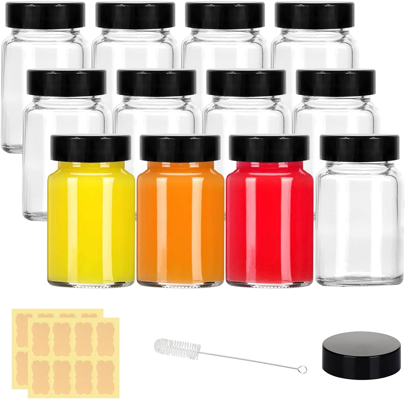 LANBEAUTIFY 2 Oz Small Clear Glass Bottles with Lids - 6Pcs Wide Mouth Shot Bottles with Caps for Ginger Shots, Juice, Potion, Liquids, Whiskey - Mini Travel Bottles with Funnels, Stickers