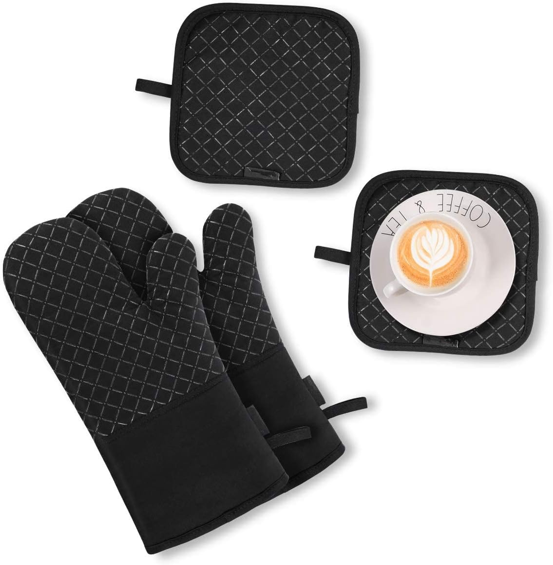 Oven Mitts and Pot Holders 4Pcs Set, Kitchen Oven Glove High Heat Resistant Extra Long Oven Mitts and Potholder with Non-Slip Silicone Surface for Cooking, Baking image number 4