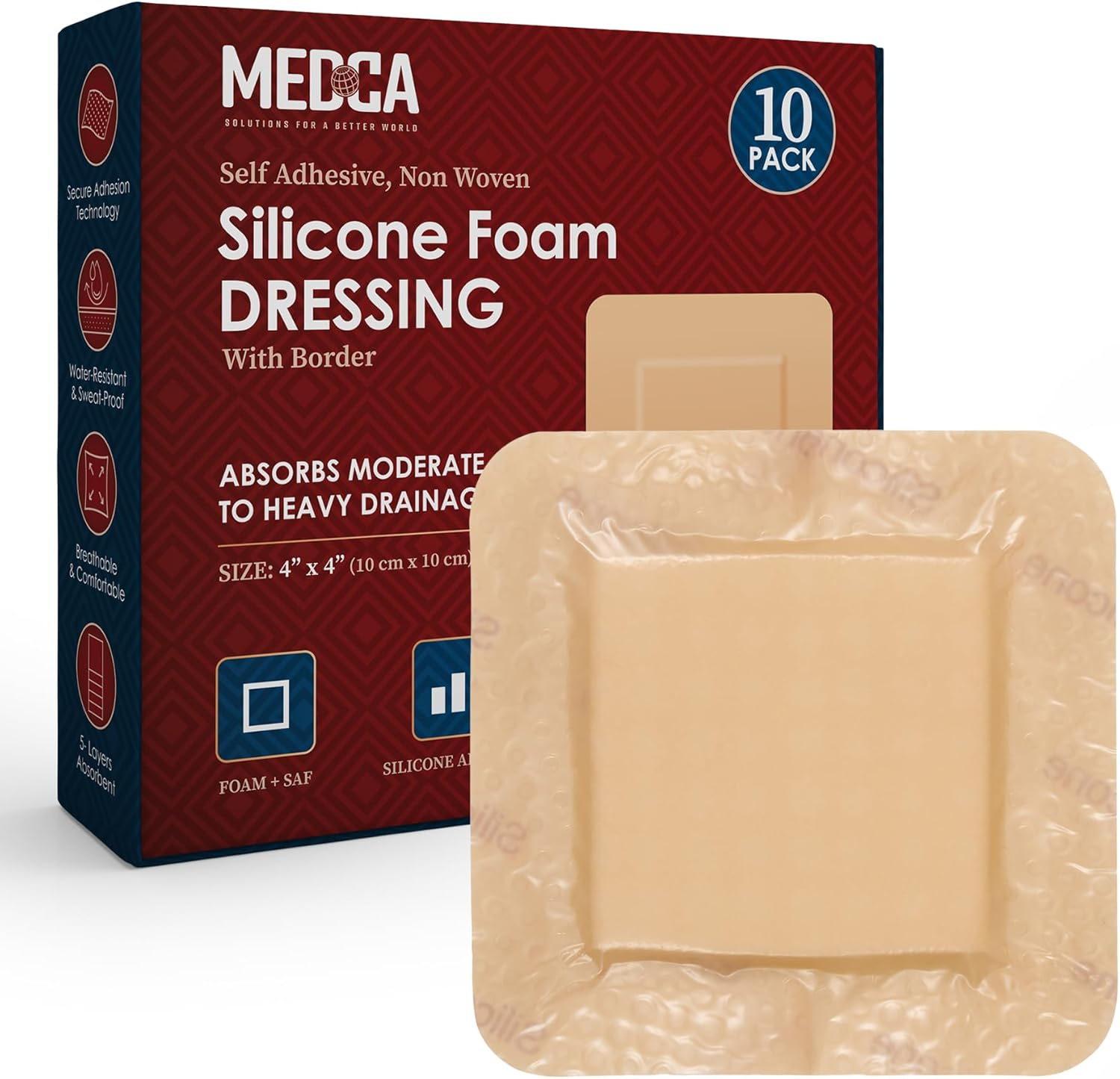 Medca Silicone Foam Dressing W/Adhesive Border 4"X4" (Pack of 10) Waterproof Silicone Bandages for Wounds, Highly-Absorbent Wound Dressing Bandage Care for Bed Sore Bandages, Pressure Sores, Ulcers image number 3