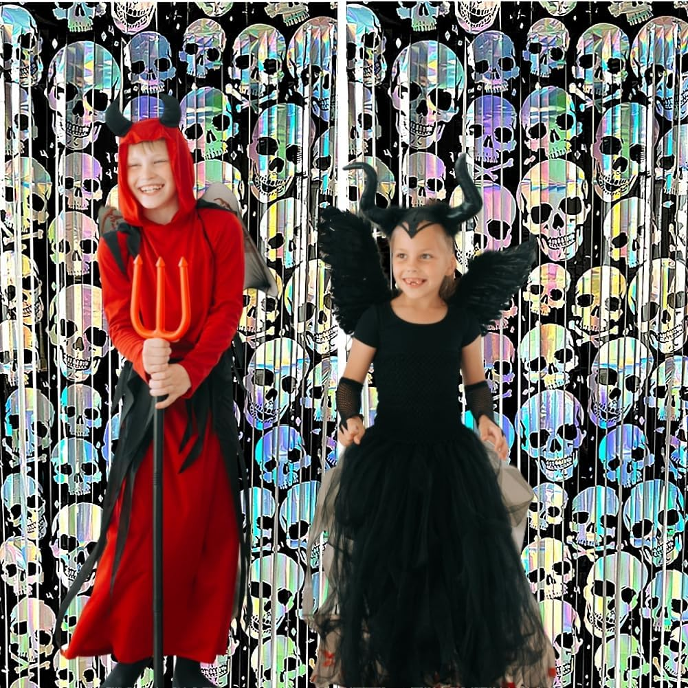 2 Pack 6.6Ft Halloween Foil Fringe Curtain, Holographic Skull Metallic Tinsel Streamer Spooky Party Photo Booth Props Backdrop for Wall Door Indoor Outdoor Decoration image number 1