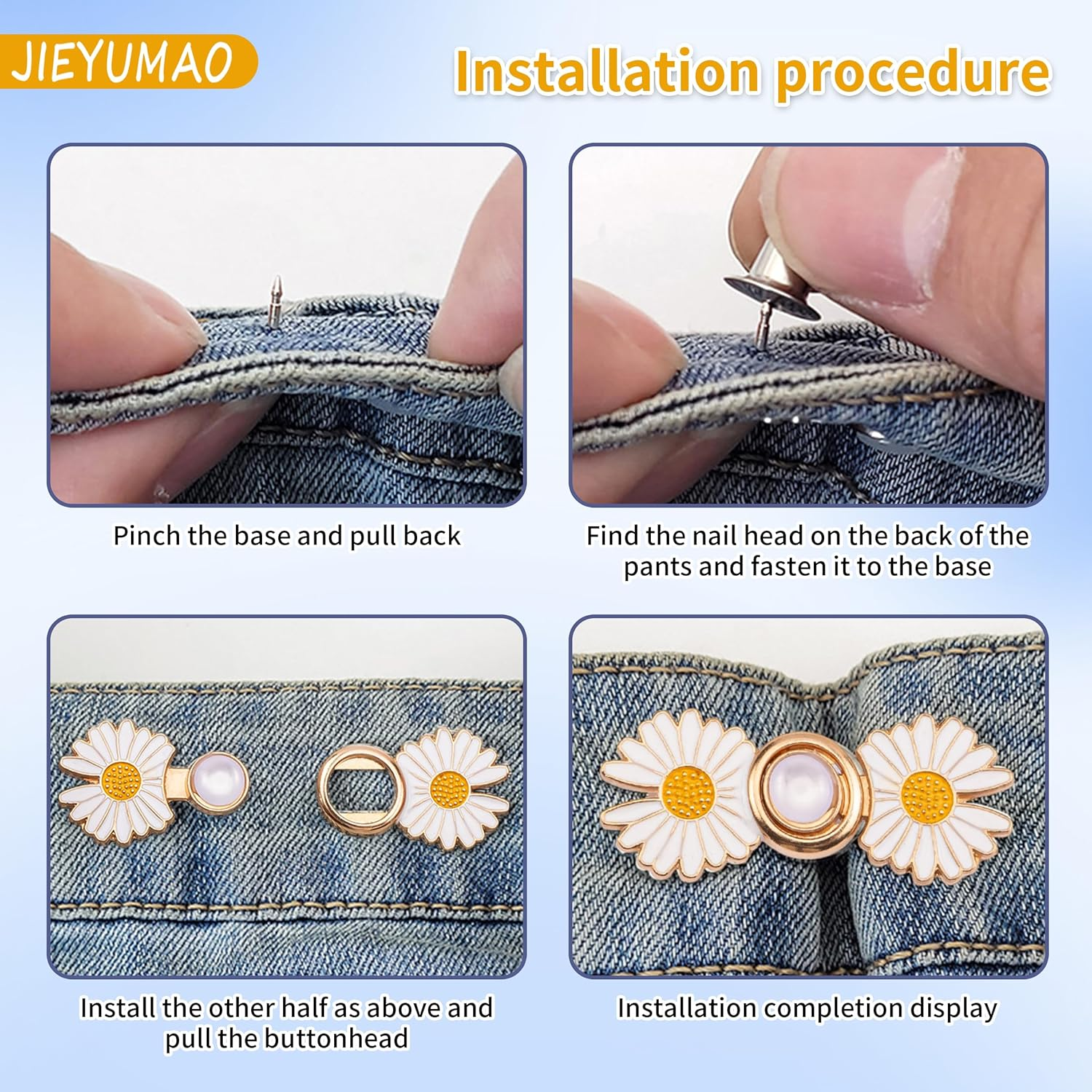 JIEYUMAO Pant Waist Tightener, 16 Sets Adjustable Waist Buckle Extender Set, 8 Styles Reusable Flower Jeans Button, No Tool No Sewing Required Pants Clips for Jeans Skirts image number 4