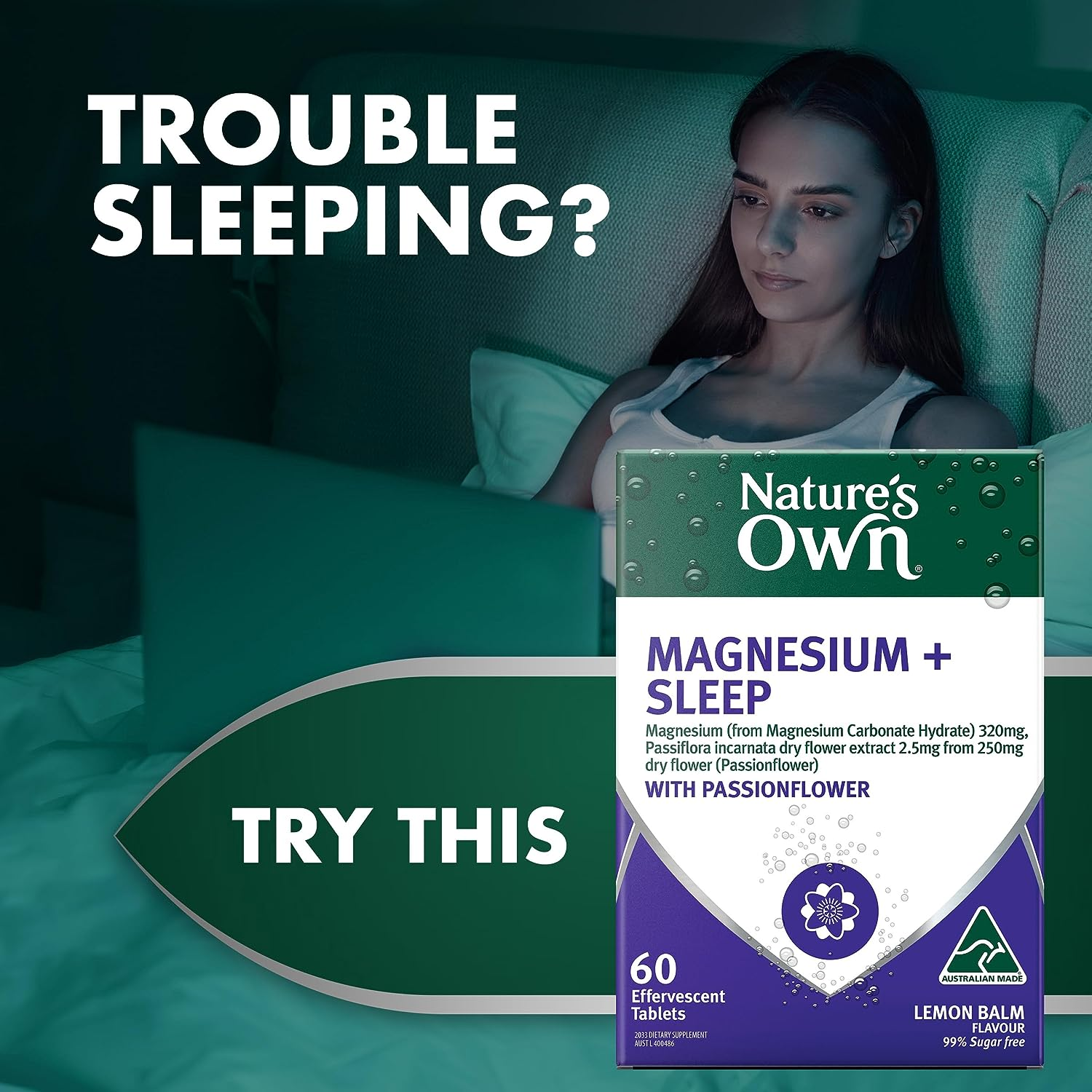 Nature'S Own Magnesium plus Sleep Tablets 60 - with Passionflower - Traditionally Used to Relieve Sleeplessness Due to Stress and Restlessness - Effervescent, Lemon Balm Flavour