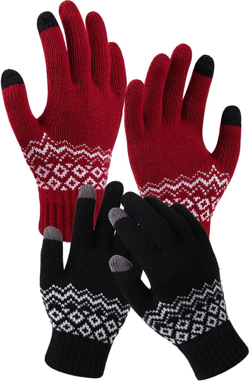 2 Pairs Winter Gloves with Touchscreen Fingers, Thermal Warm Knit Soft Fleece Lined Glove Women Men Elastic Cuff Glove for Running Driving Hiking
