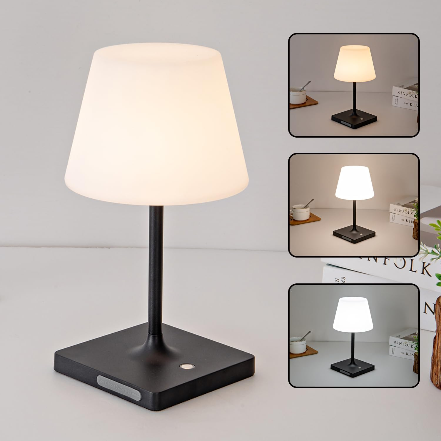 Mywellian Cordless Table Lamp, Outdoor Battery Operated Rechargeable Desk Lamp,Waterproof Shower Lamp,4000Mah LED 3 Colors Dimmable Touch Lamps for Camping Patio Courtyard Bedroom-Wood