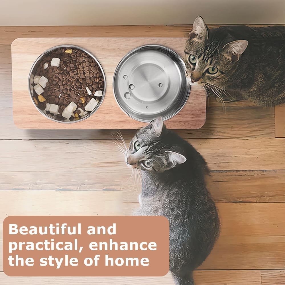 Elevated Cat Bowls with 2 Holder, Portable Pet Bowl Holder, Pet Bowls Stand, Raised Food Feeding Dishes, Bowl Holder Suitable for Medium Large Animals (Wood, 30&times;15&times;16 CM) image number 3