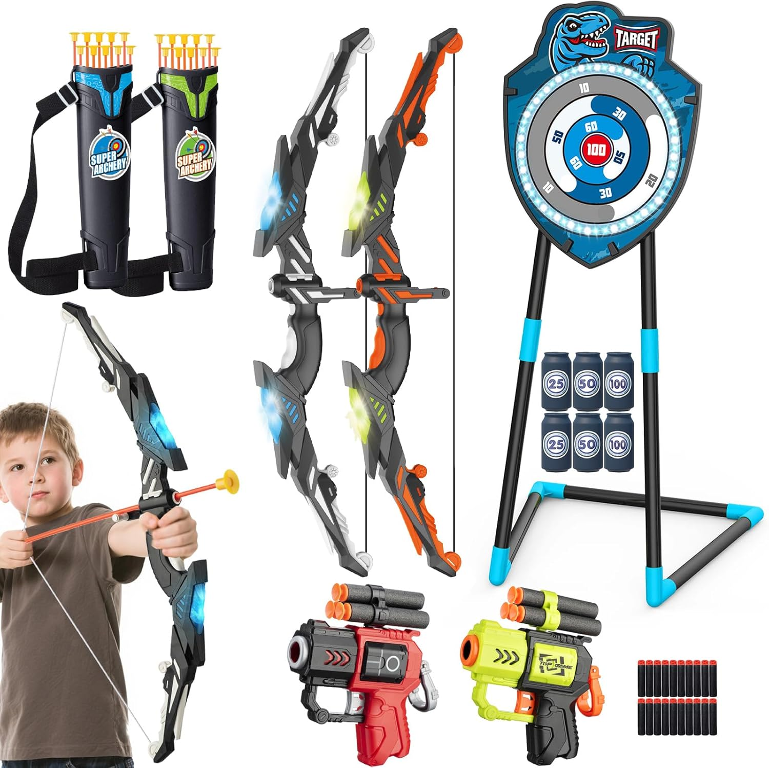 Kids LED Standing Archery Set with Bow & Arrows &ndash; Outdoor Sports Toy for Boys & Girls Ages 4-12, Safe & Fun Target Practice Game, Blue