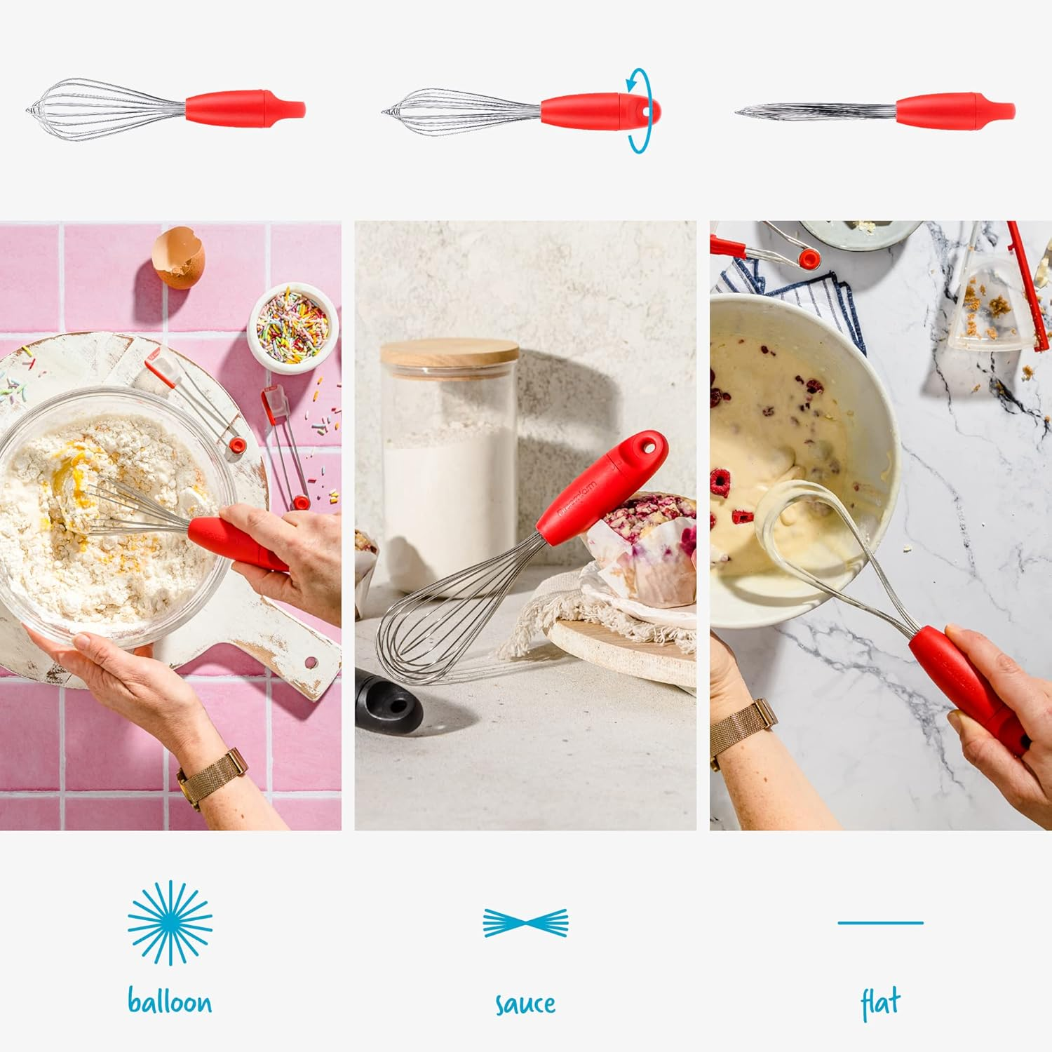 Dreamfarm Mini Flisk 3-In-1 Fold-Flat, Space-Saving Baking & Cooking Balloon Whisk, Sauce Whisk & Flat Deglazing Whisk, Stainless Steel - 9" Red image number 4