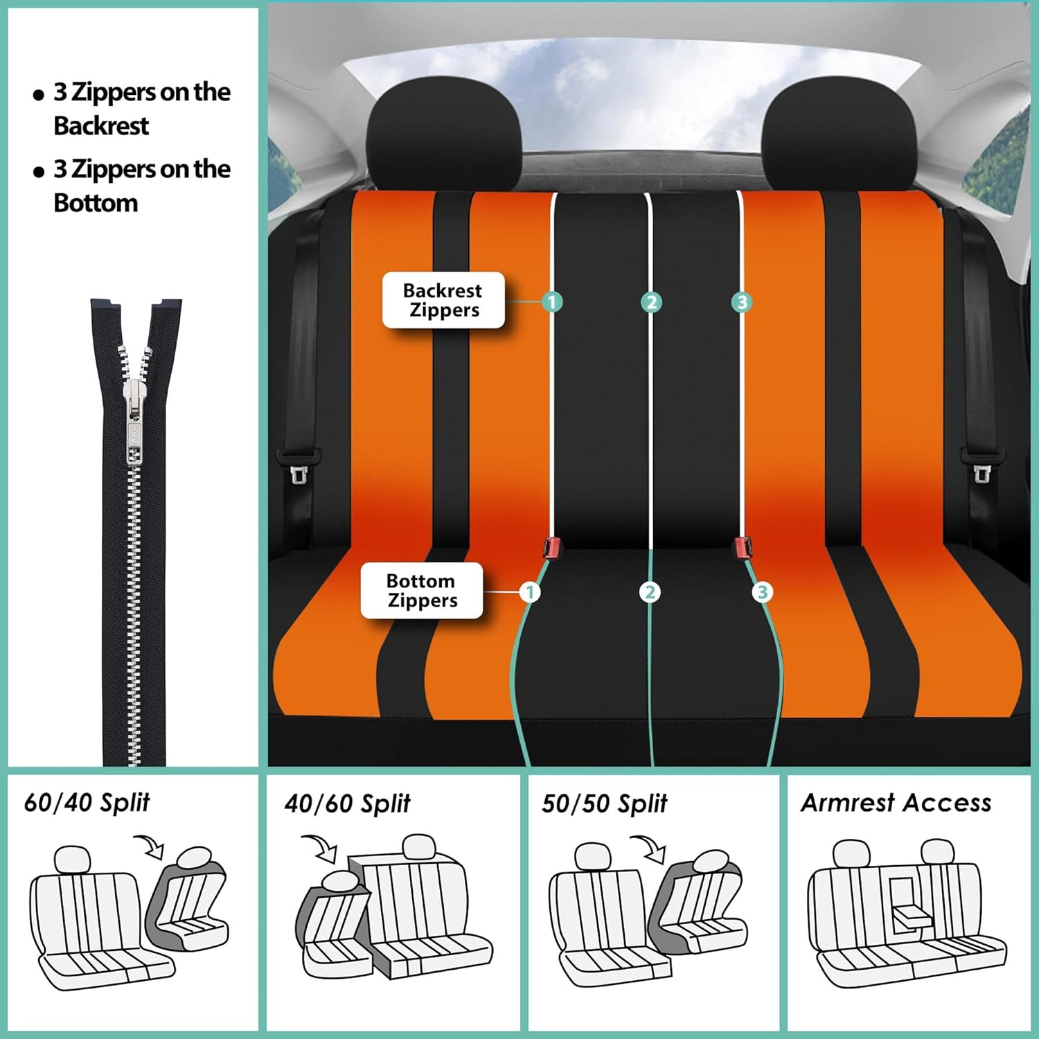 FH Group Car Seat Covers Full Set Cloth - Universal Fit, Automotive Seat Covers, Low Back Front Seat Covers, Airbag Compatible, Split Bench Rear Seat, Car Seat Cover for SUV, Sedan, Van Orange image number 6