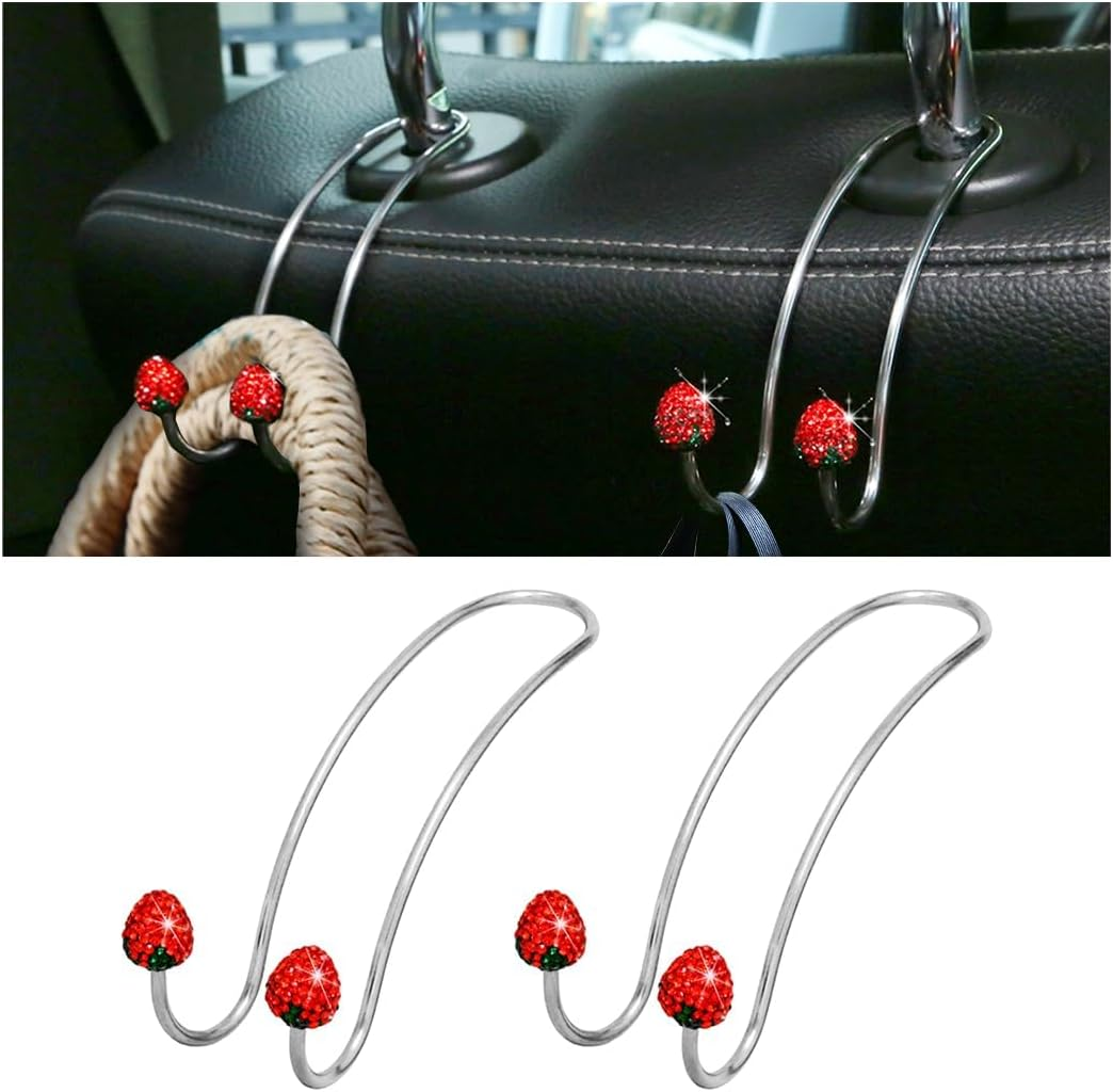 Strawberry Car Decor Hooks, 2 Pack Bling Diamond Seat Back Organizers, Auto Headrest Storage Hangers Hooks for Purse Handbag Clothes Grocery, Universal Car Accessories for Women (Red)