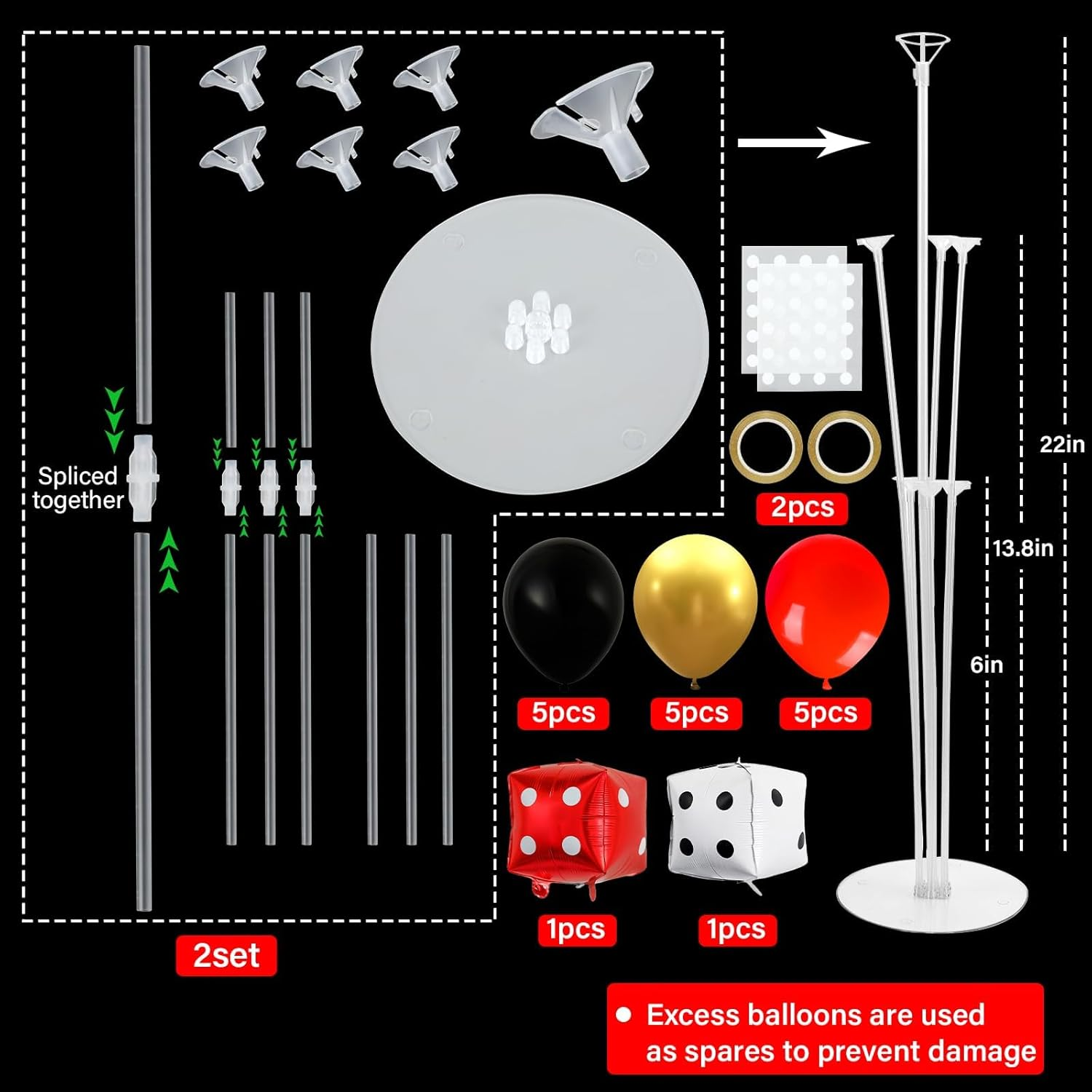 Naozinebi 2 Set Casino Theme Party Balloons Stand Kit with 2 Dice Foil Balloons, Black, Red, White & Gold, Casino Night Party Decoration for Adults, Unisex image number 6