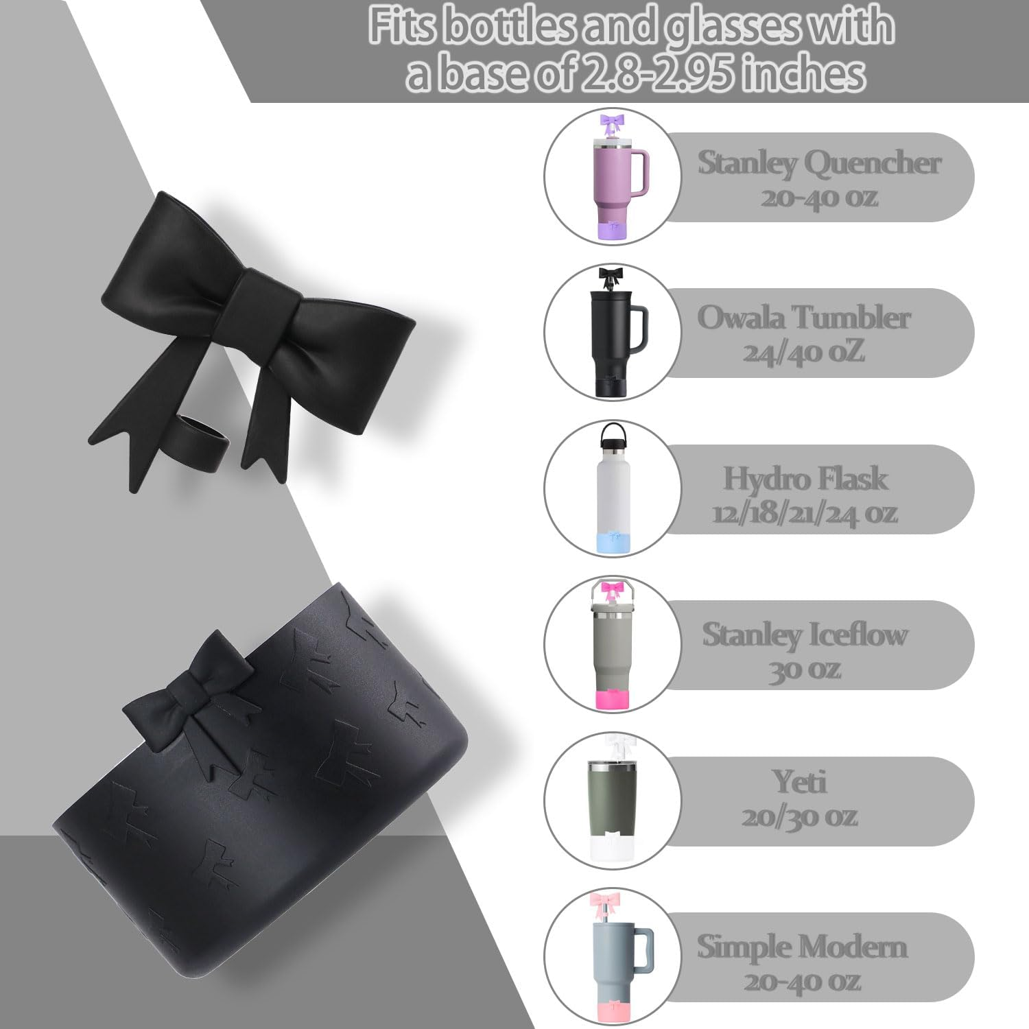 Lnulyaciy Bow Silicone Protective Boot for Stanley Cup 20/30/40Oz, Bow Straw Cover Topper with 10Mm/0.4In, Compatible 12-24Oz Hydroflask Tumbler and More Bottles 2.83-3In Bottom (Black Set) image number 4