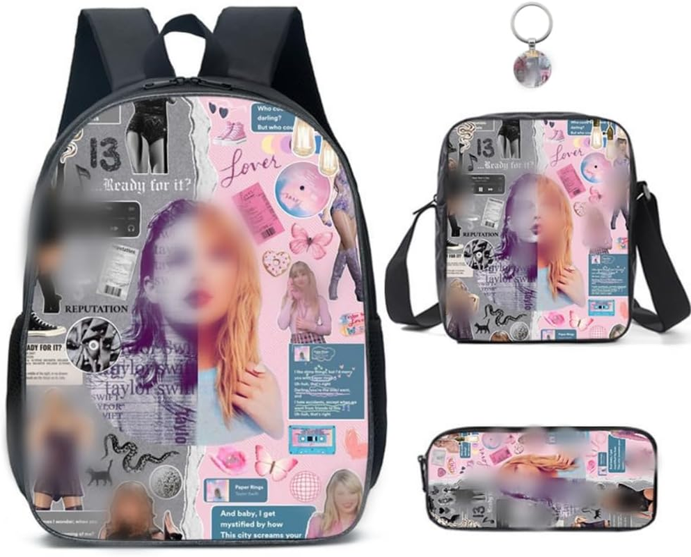 3Pcs Singer Music Lover Backpack Set with Keychain,16In 3D Printed Lunch Bag High Capacity Schoolbag Boy and Girl Schoolbag., Black, 16In image number 5