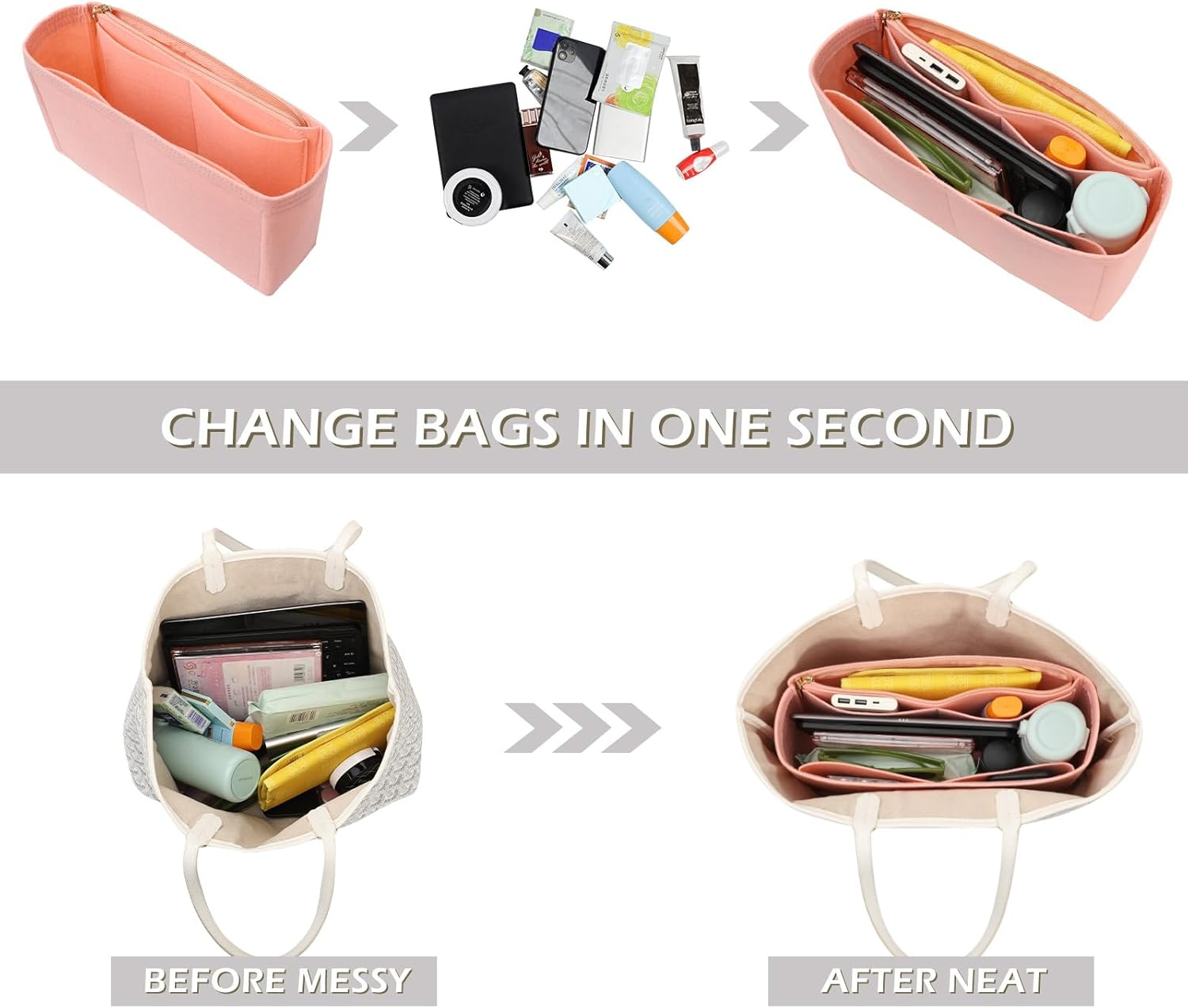 Surblue Purse Organizer Insert for Handbags, Felt Bag Organizer with Zippers Handbag Shaper Pouch for Classic 19 Flap Bag, Marmont, Onthego,（Lightpink, Slender L） image number 4