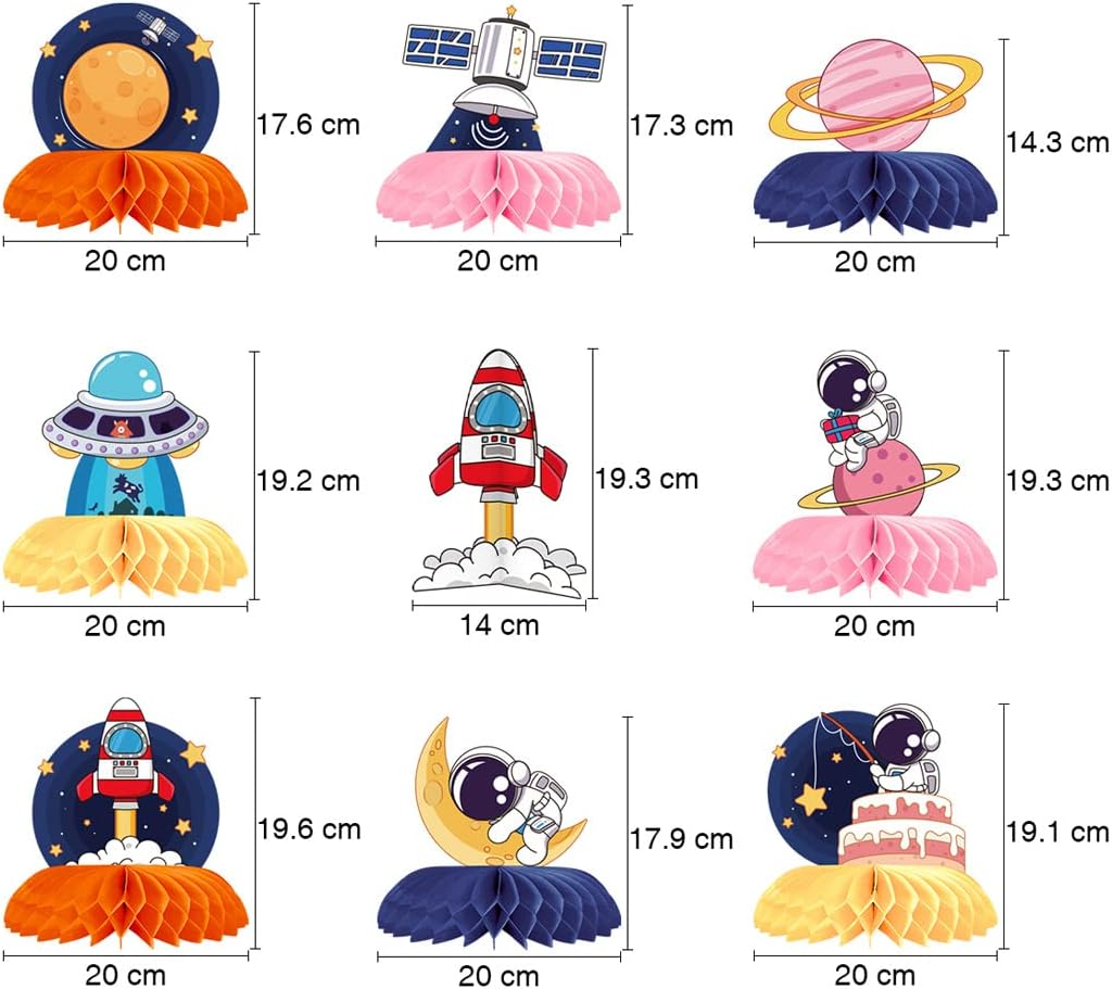 Outer Space Themed Honeycomb Centerpiece 9 PCS Outer Space Party Decorations Birthday Party Table Toppers Double Sided Table Decorations Planet Rocket Astronaut Solar System Party Supplies