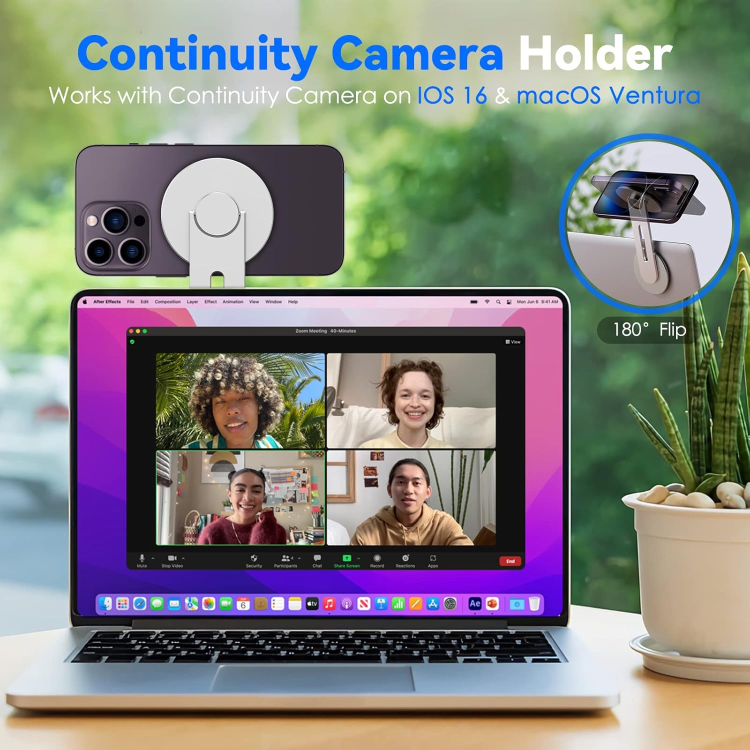 Cloudvalley Magnetic Laptop Phone Holder, Adjustable Continuity Camera Mount Compatible with Magsafe & for Ios 16 / Macos Ventura, Slim Portable Computer Expansion Bracket for Smartphone, Silver - Blue image number 5