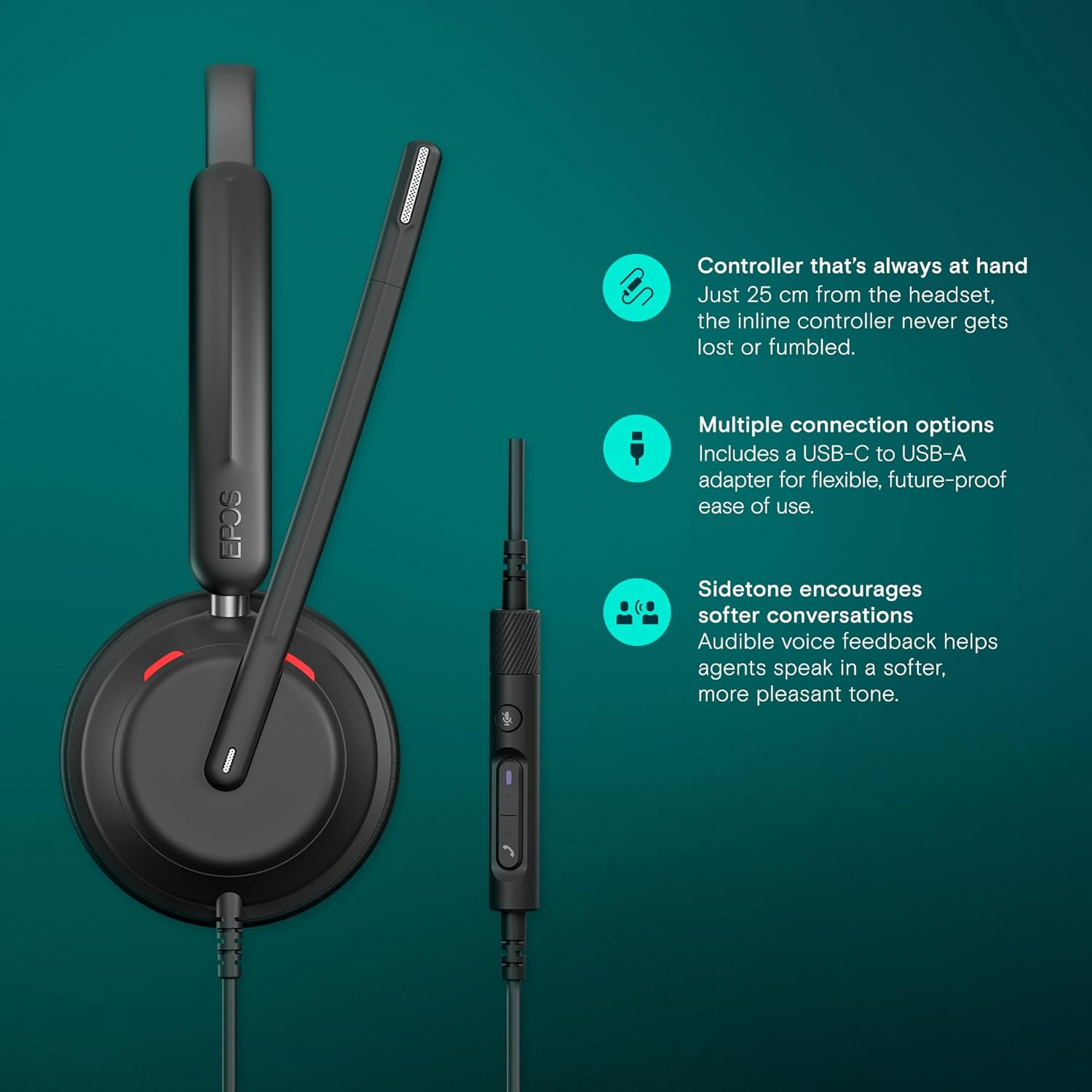 EPOS Impact 760T Office Headset - Microsoft Team Certified, Noise-Canceling, USB-C, Double-Sided, Adaptive Beamforming Microphone, AI, Activegard, Visibility Light, All Day Comfort Leatherette Earpads image number 6