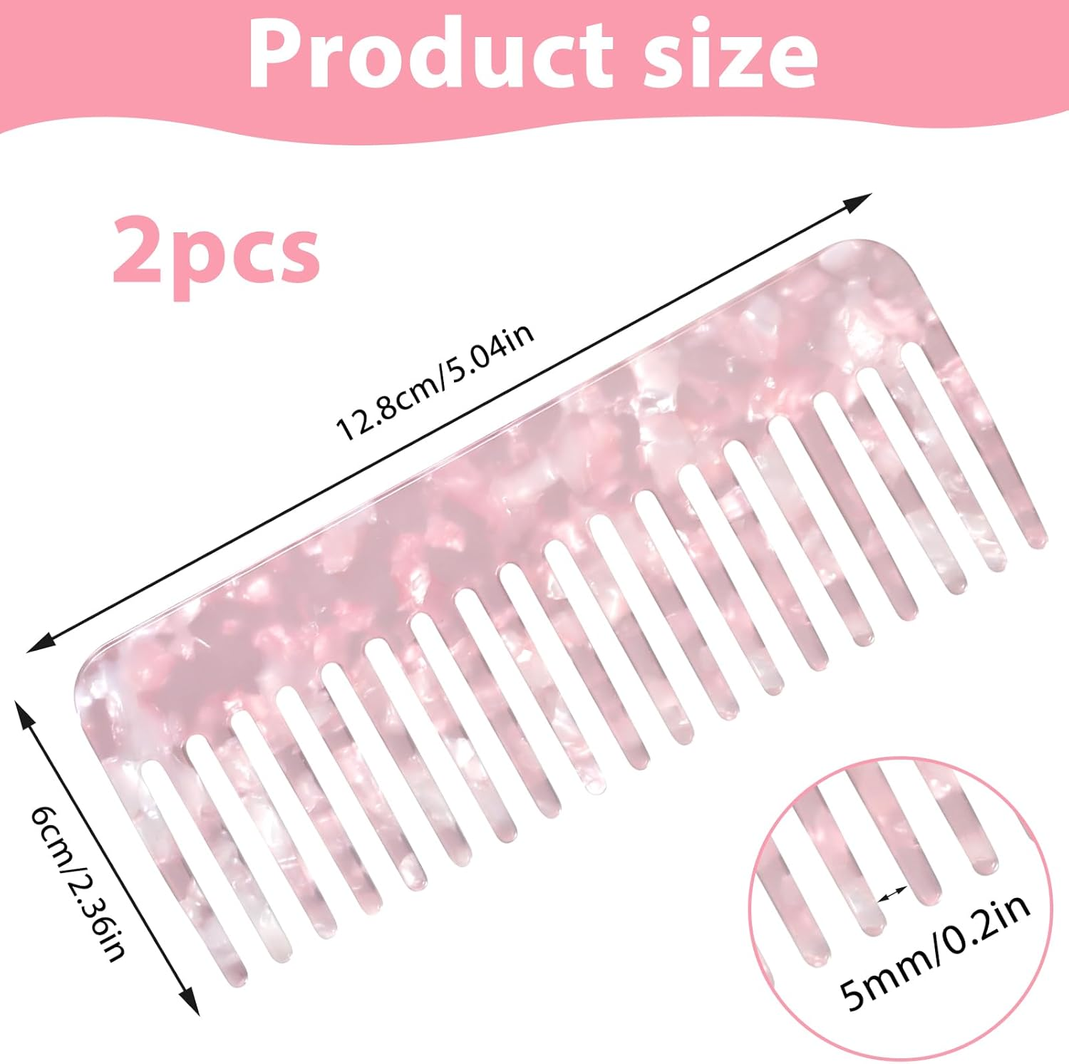 2 PCS Cellulose Acetate Wide Tooth Comb for Women, Large Hair Detangling Comb Wide Tooth Pocket Combs for Wet and Dry Hair Women Thick Curly Wavy (Pink, Light Orange) image number 2