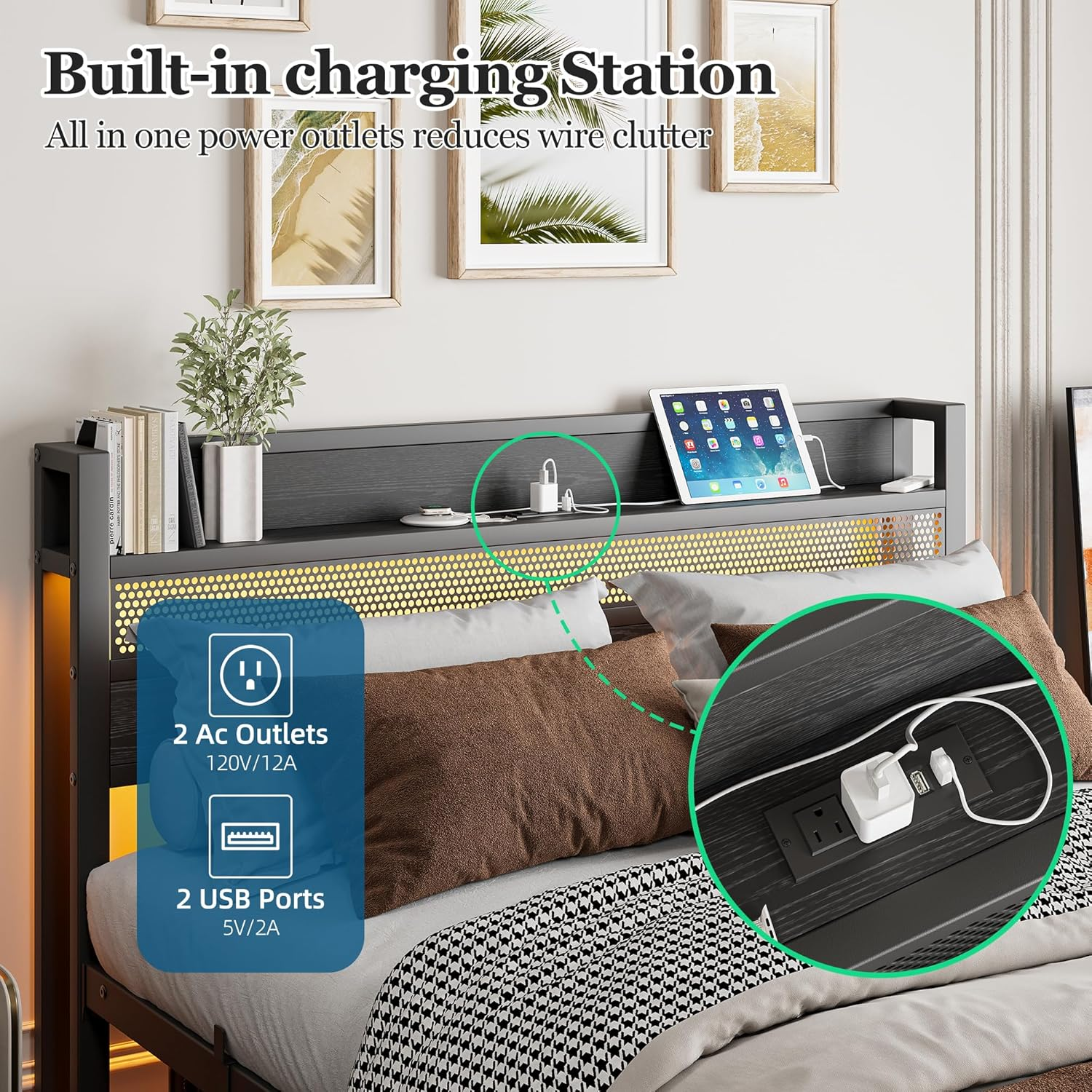 Queen Size Bed Frame with Charging Station, Metal Platform Bed with Storage Headboard Heavy Duty,Noise-Free Mattress Foundation, No Box Spring Needed image number 6