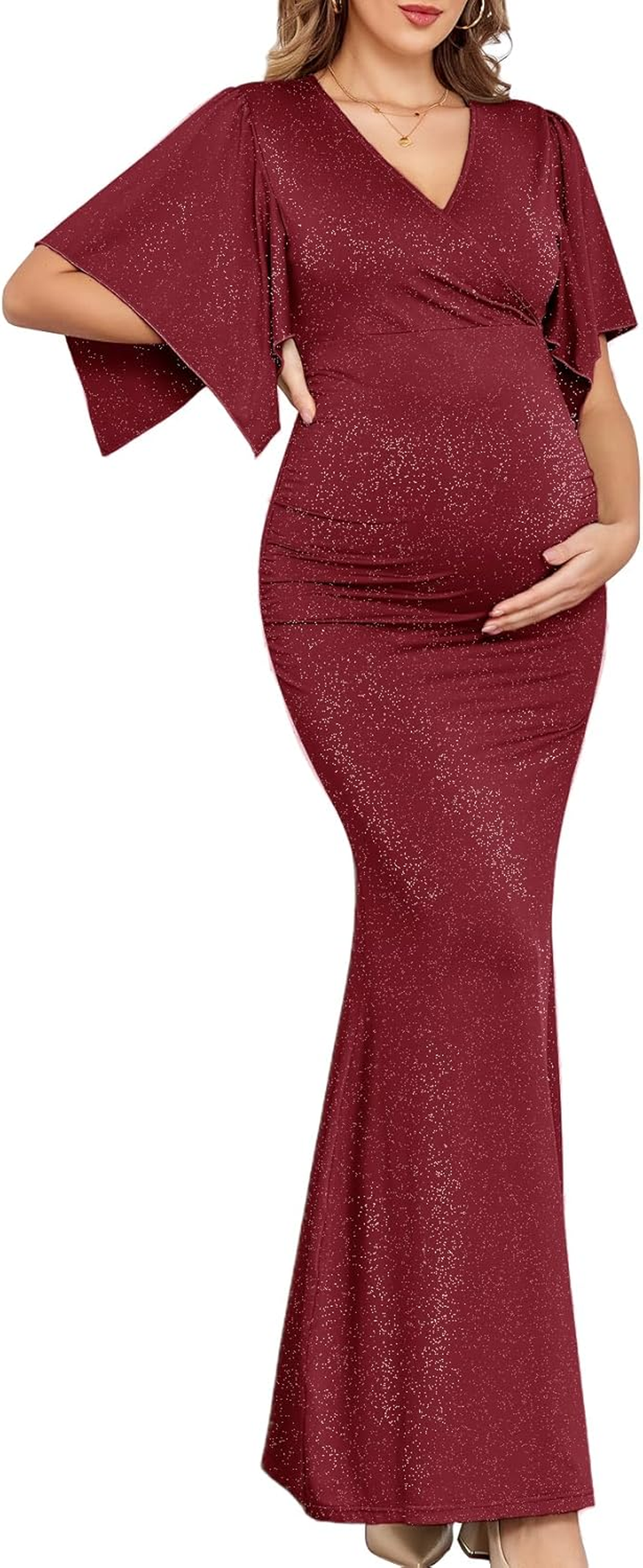 CYCLAMEN Maxi Maternity Dress Sparkly Baby Shower Semi Formal Wedding Guest V-Neck Handkerchief Sleeves Elegant Pregnancy image number 3