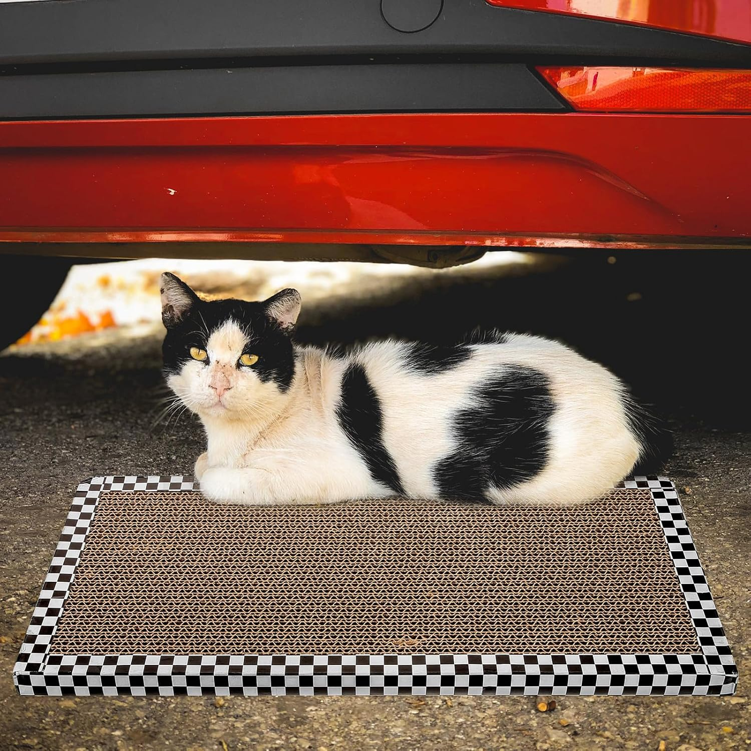 Alasum Reusable Yellow Checkered Cat Scratching Board 43X40Cm Corrugated Cardboard Scratch Pad for Indoor Cats and Kittens Household Floor Claw Sharpener image number 5
