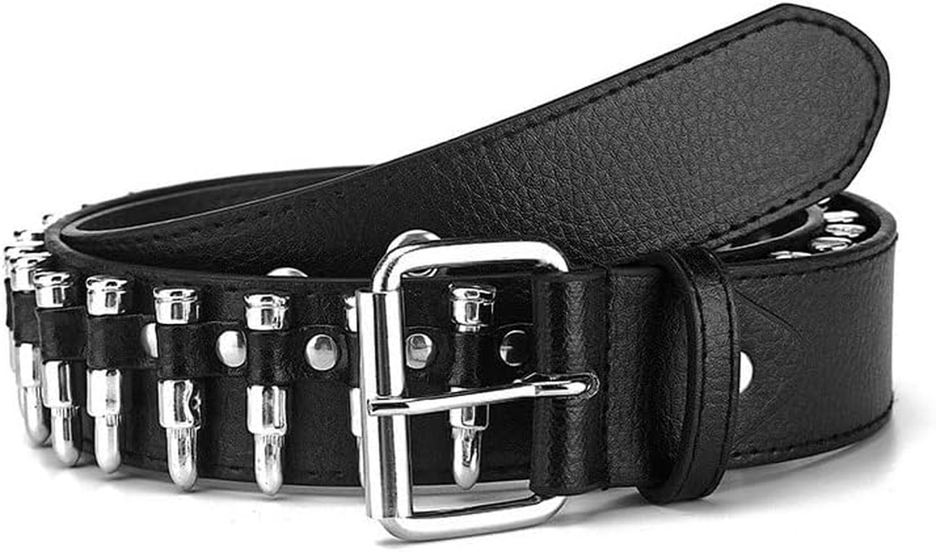 PEAFAN Bullet Studded Belt, Punk Rivet Belt Black Leather Rock Belt with Silver Bullet for Women Men Standard Size, Black