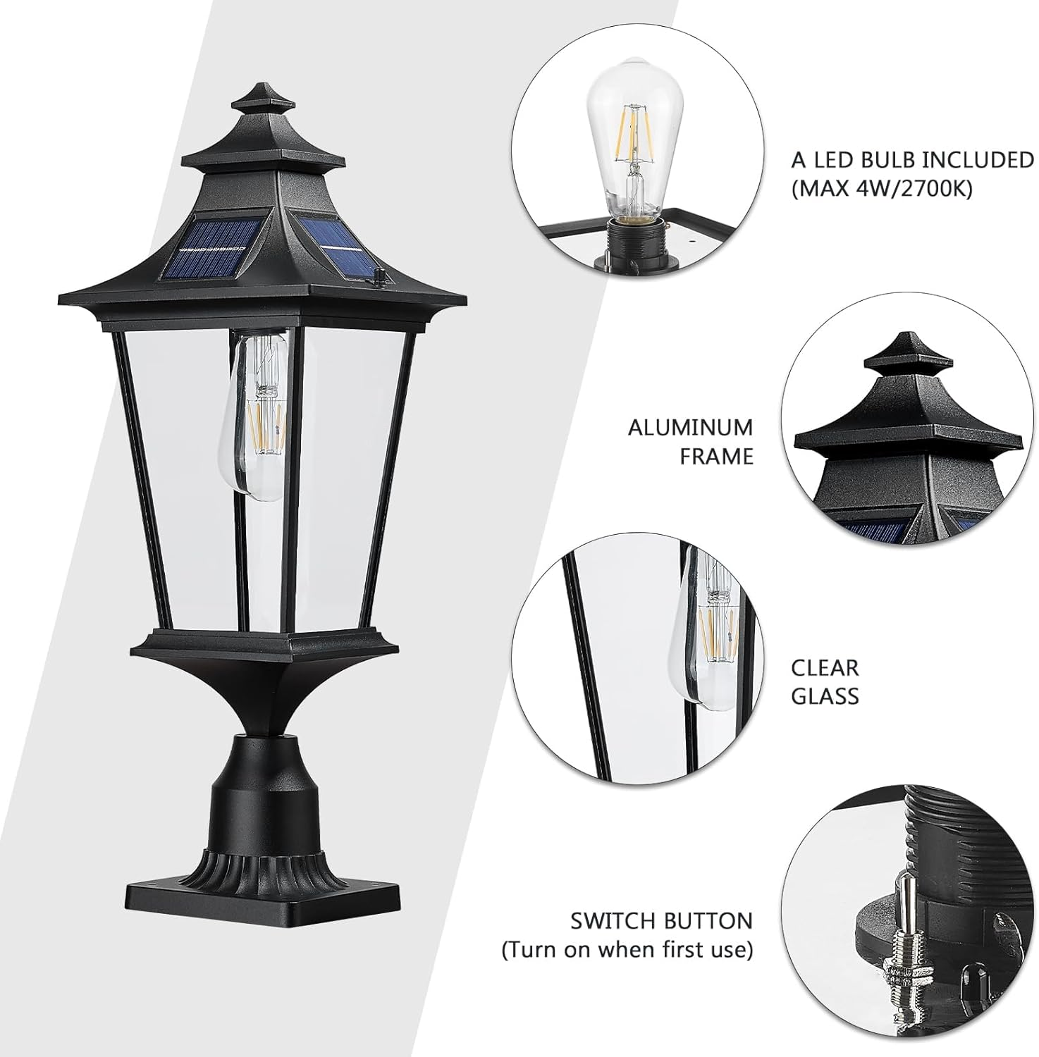 EMLIVIAR 22 Inch Farmhouse Solar Lamp Post Light with Pier Mount, Large Outdoor Post Light for outside Patio with Remote Control, Die-Cast Aluminum, Black Finish, 500181M-SL BK