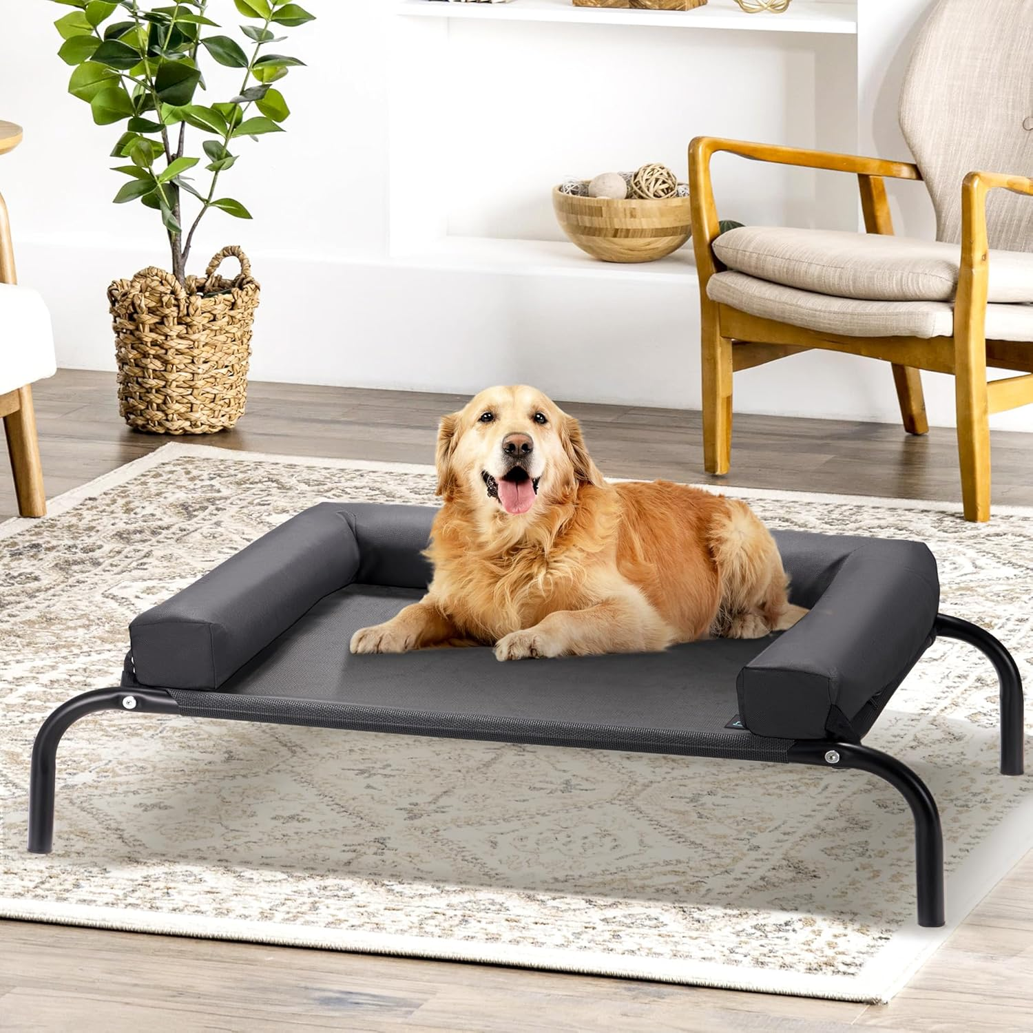 Elevated Cooling Dog Bed with Cushions, Raised Pet Cot for Small Medium Dogs, Portable & Machine-Washable, Non-Slip Rubber Feet, Indoor & Outdoor Use, Black, Medium(88X64X20Cm)