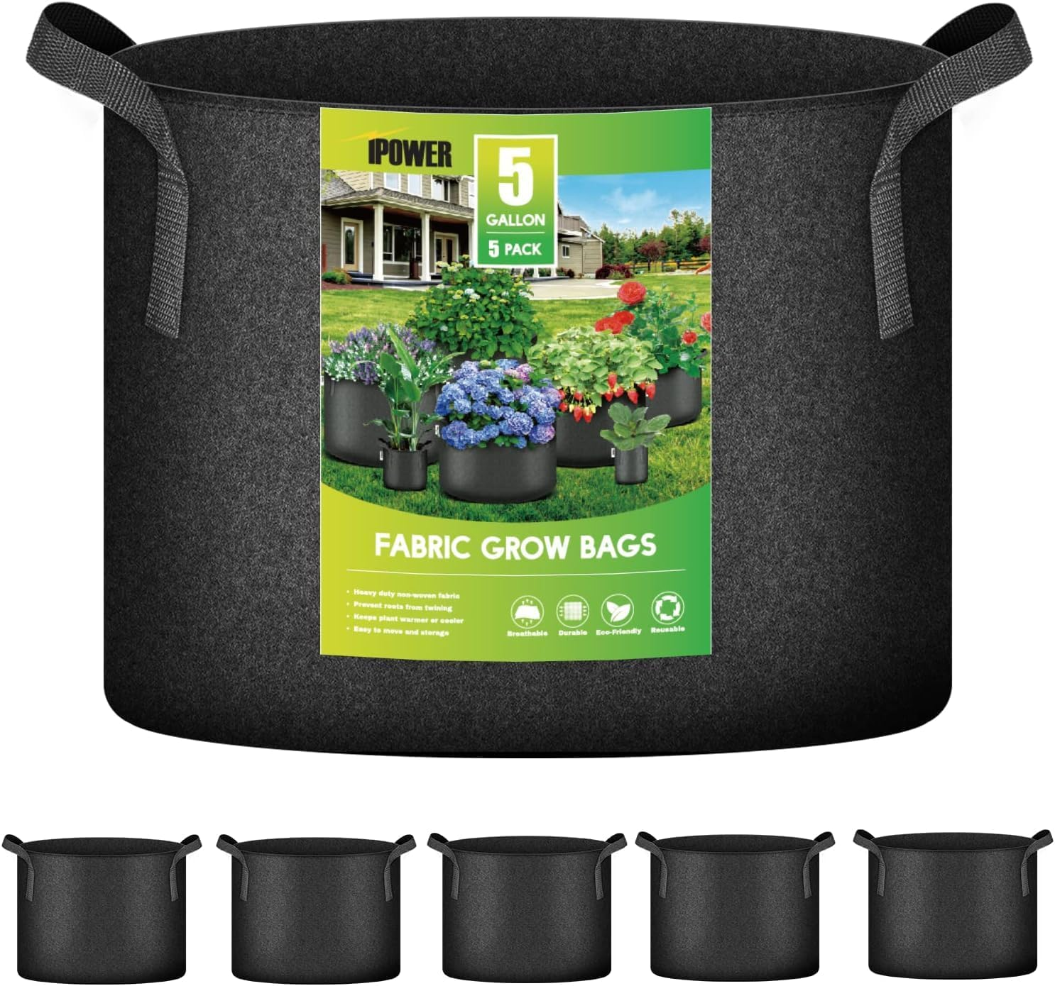 Ipower 5 Gallon 5 Pack Grow Bags Nonwoven Fabric Pots Aeration Container with Strap Handles for Garden and Planting, 5-Pack Black, 5 Gallon image number 4