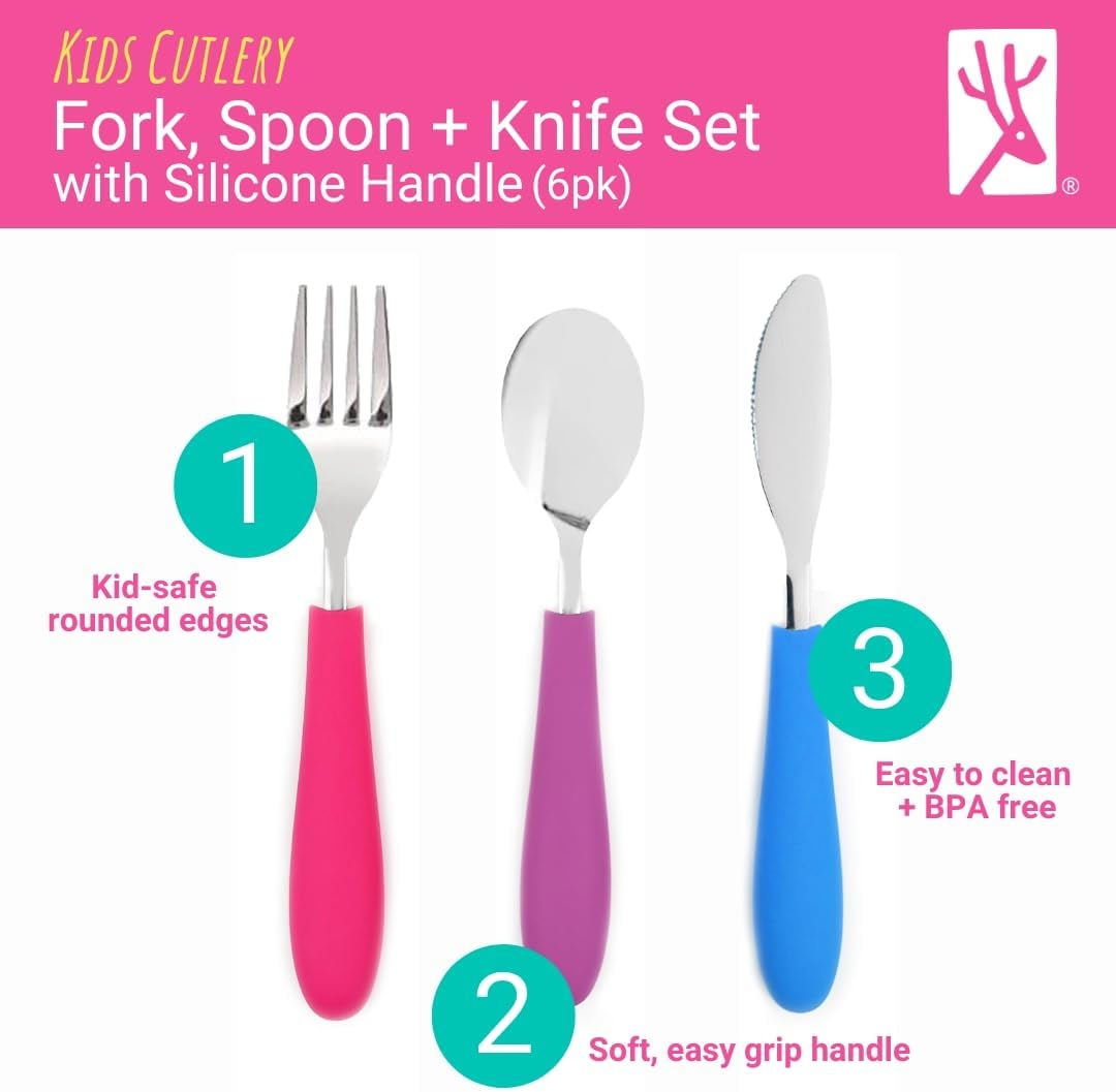 Elk and Friends Kids Silverware with Silicone Handle | Childrens Safe Flatware | Spoon + Fork + Knife Utensil Set | 4 Years+ | Stainless Steel Cutlery | Dishwasher Safe | 6 Pieces image number 4
