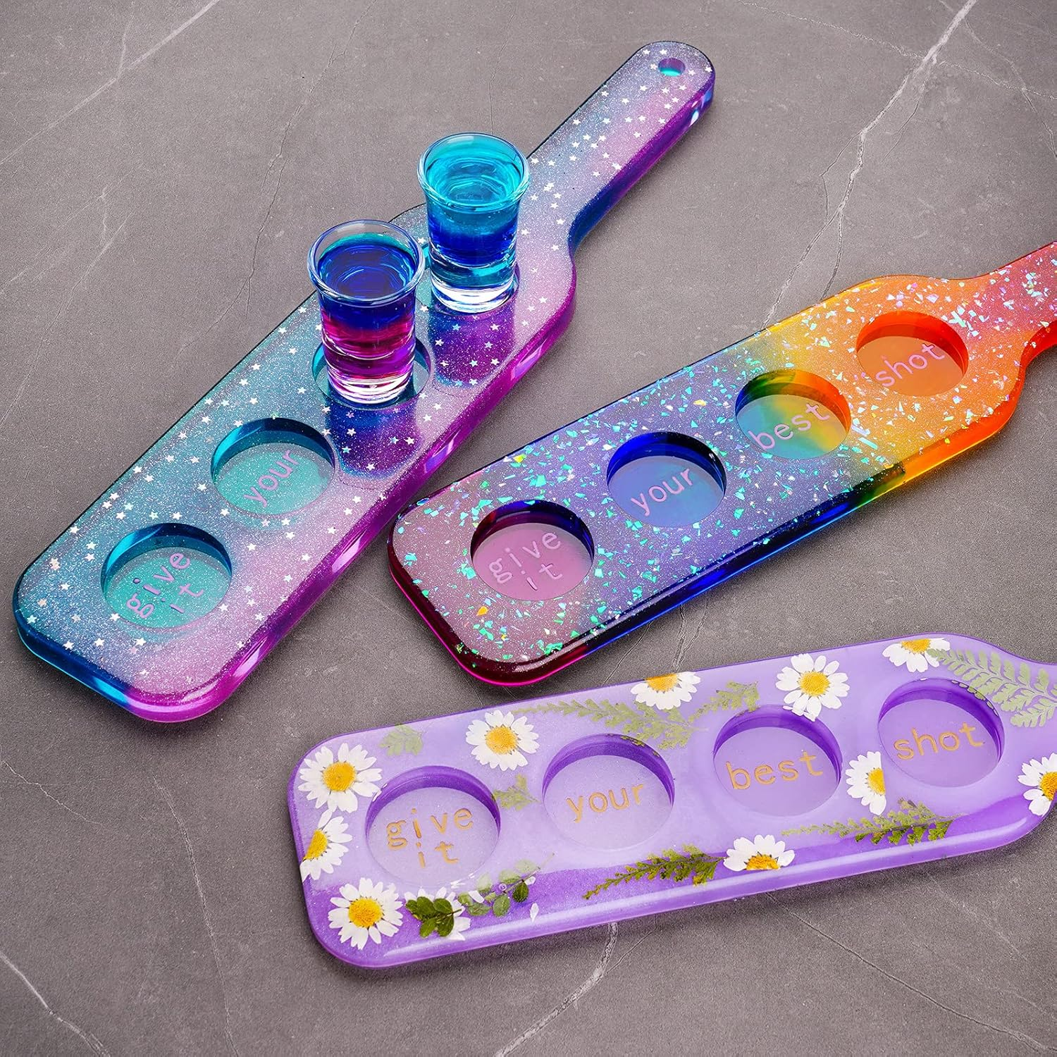 Niart Shot Glass Serving Tray DIY Epoxy Resin Art Silicone Casting Mold, 4 Holes Board Beer Flight Paddle Holder Wine Whiskey Tasting Sampler Hanger Agate Home Decor Gift Crafts Party Clubs UV Plaster image number 4