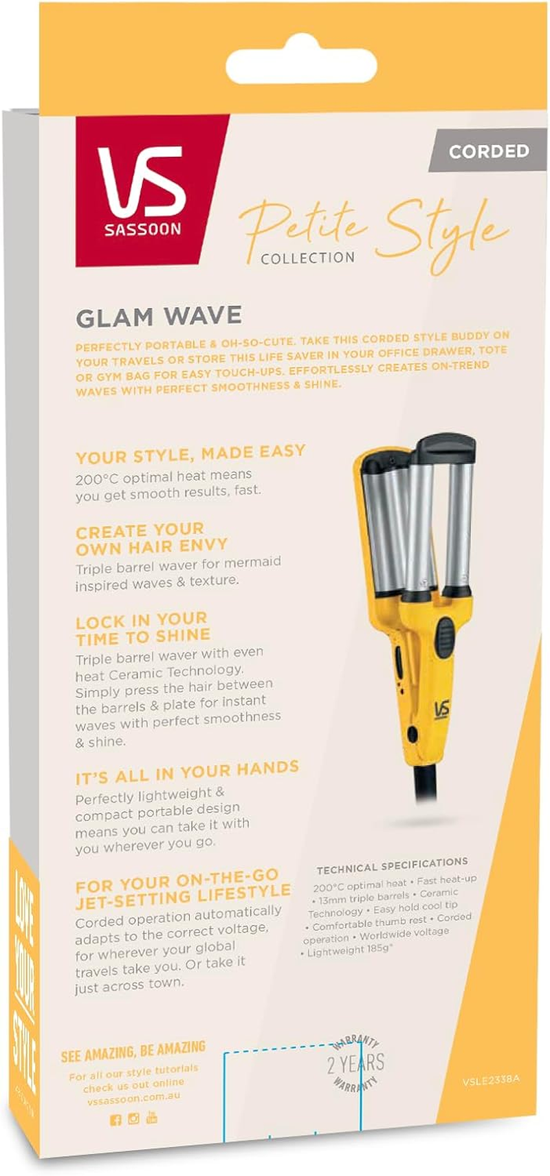 VS Sassoon Petite Style Glam Wave &ndash; Compact Triple Barrel Hair Waver for Mermaid Waves & Texture with 200&deg;C Heat, Smooth Glide Ceramic Barrels, Lightweight, Multi Voltage for Global Travel image number 4