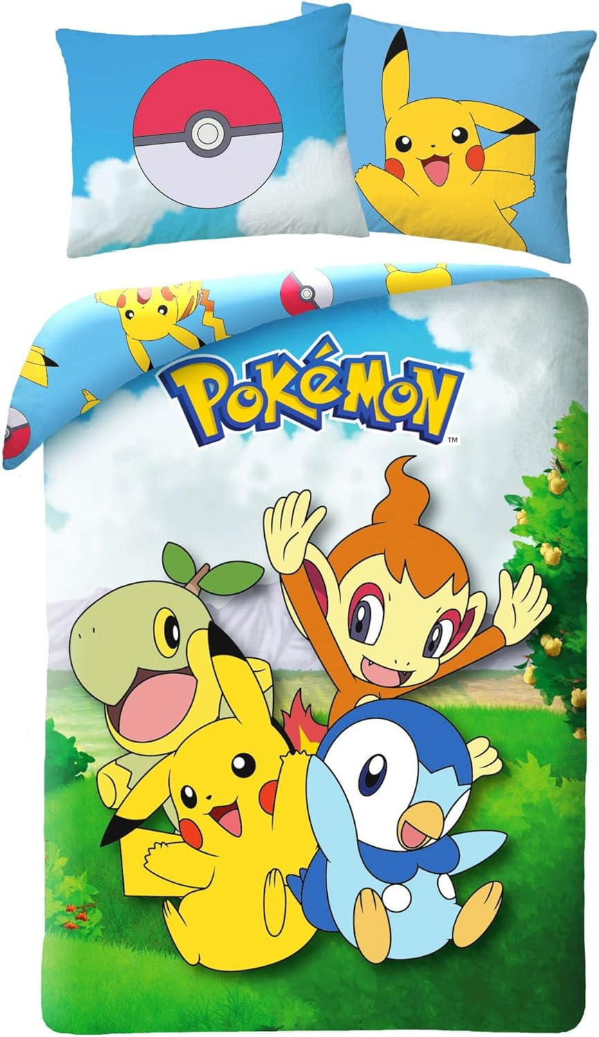 Halantex Pokemon 100% Cotton Reversible Duvet Cover 140 X 200 Cm + Pillowcase with Tiplouf, Pikachu, Ouisticram and Tortipouss