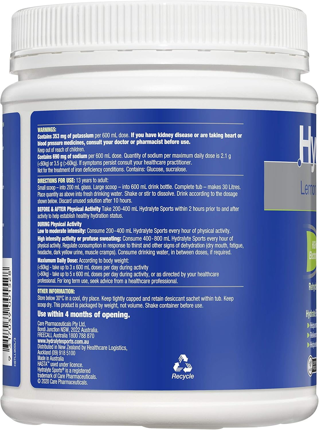 Hydralyte Sports Electrolyte Powder Lemon Lime Flavoured 900 G