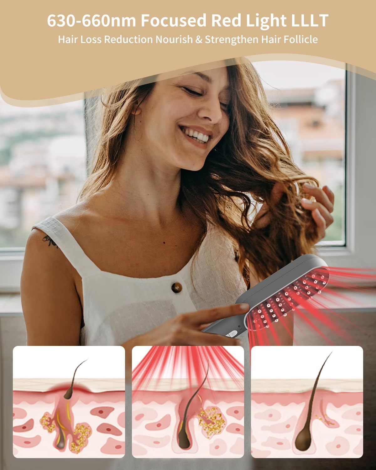 Red Light Hair Comb - Quadruple Light Therapy with 630Nm, 850Nm and 460Nm Three Wavelengths, Scalp Massage & RF Stimulation, Rechargeable Hair Growth Brush image number 2