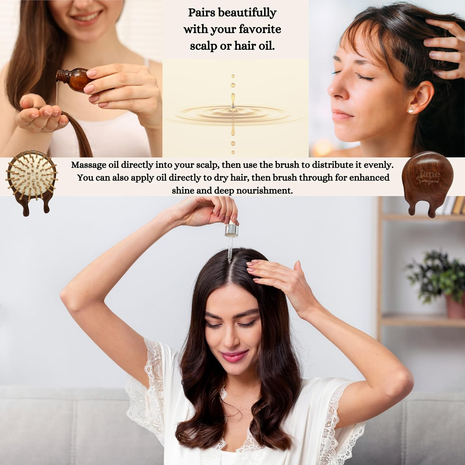 Jane Sweetpea Sandalwood Scalp & Facial Massage Brush with Bamboo Bristles &ndash; Compact Wooden Detangler, Anti-Static, Eco-Friendly, Natural Jute Storage Bag image number 1