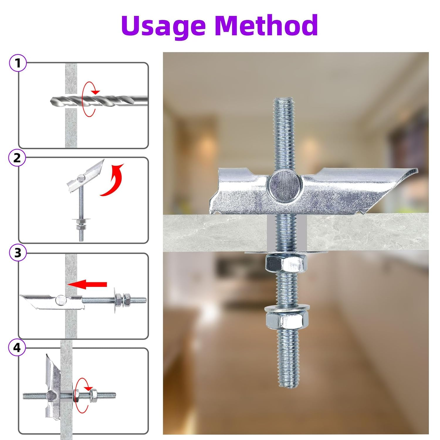 Swpeet 12Pcs Heavy Duty M8&times;100Mm Plasterboard Fixings Toggle Bolts Drywall Anchors, Tiltable Plasterboard Wall Plug Kit, Tilt Pins with Washer and Nut Folding for Hanging Heavy Items on Drywall image number 6