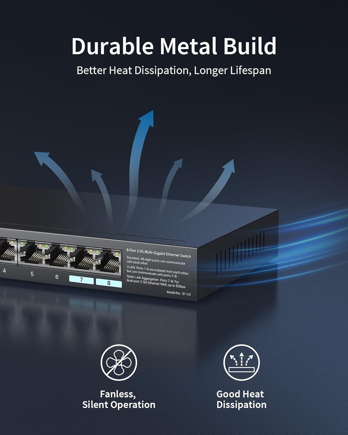 Brostrend 8-Port 2.5Gb Ethernet Switch, Unmanaged Multi-Gigabit Network Switch Supports Static Link Aggregation & VLAN for Gaming, NAS, PC, Network Splitter Plug & Play, Fanless, Lifetime Protection image number 1