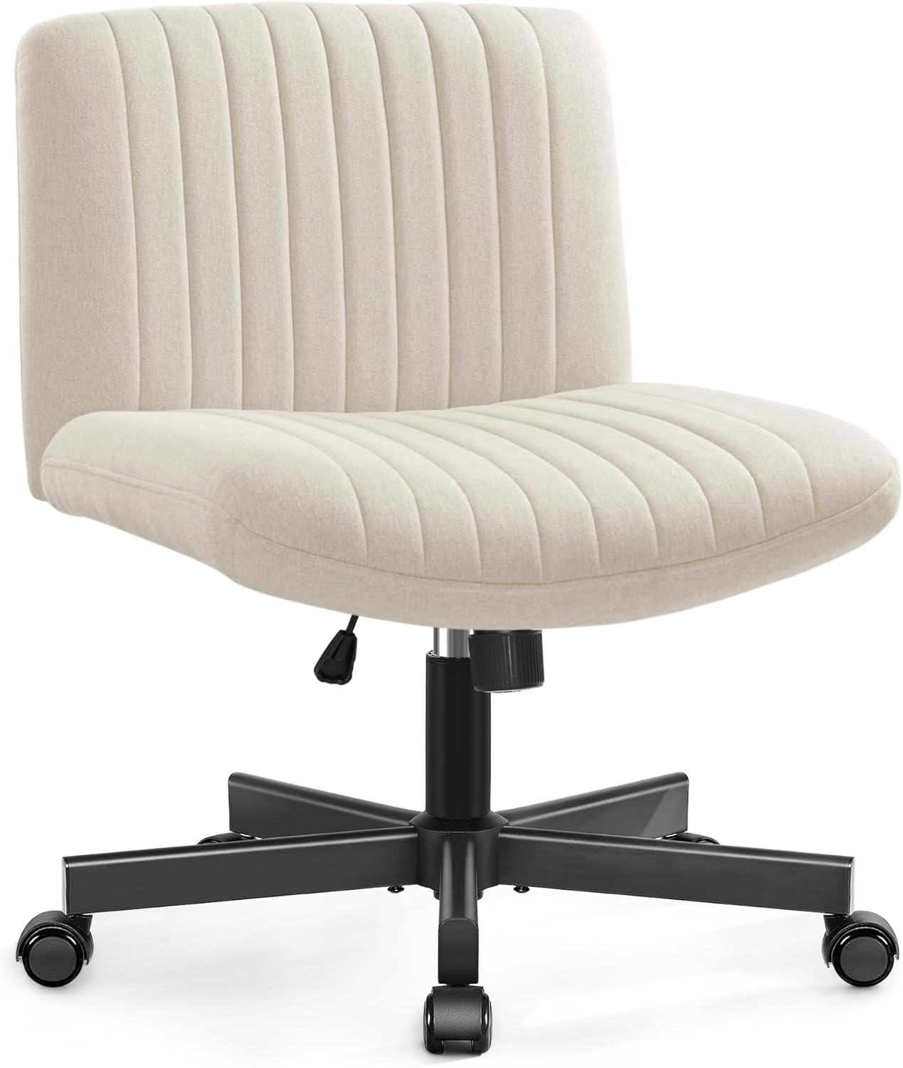 Cross Legged Desk Chair-Wide Seat Fabric Armless Chair Cloth Surface with Wheels, and Upholstered Cushioned Seat,Swivel Desk Chair for Home, Make Up, Bedroom Computer Task Chair, Beige