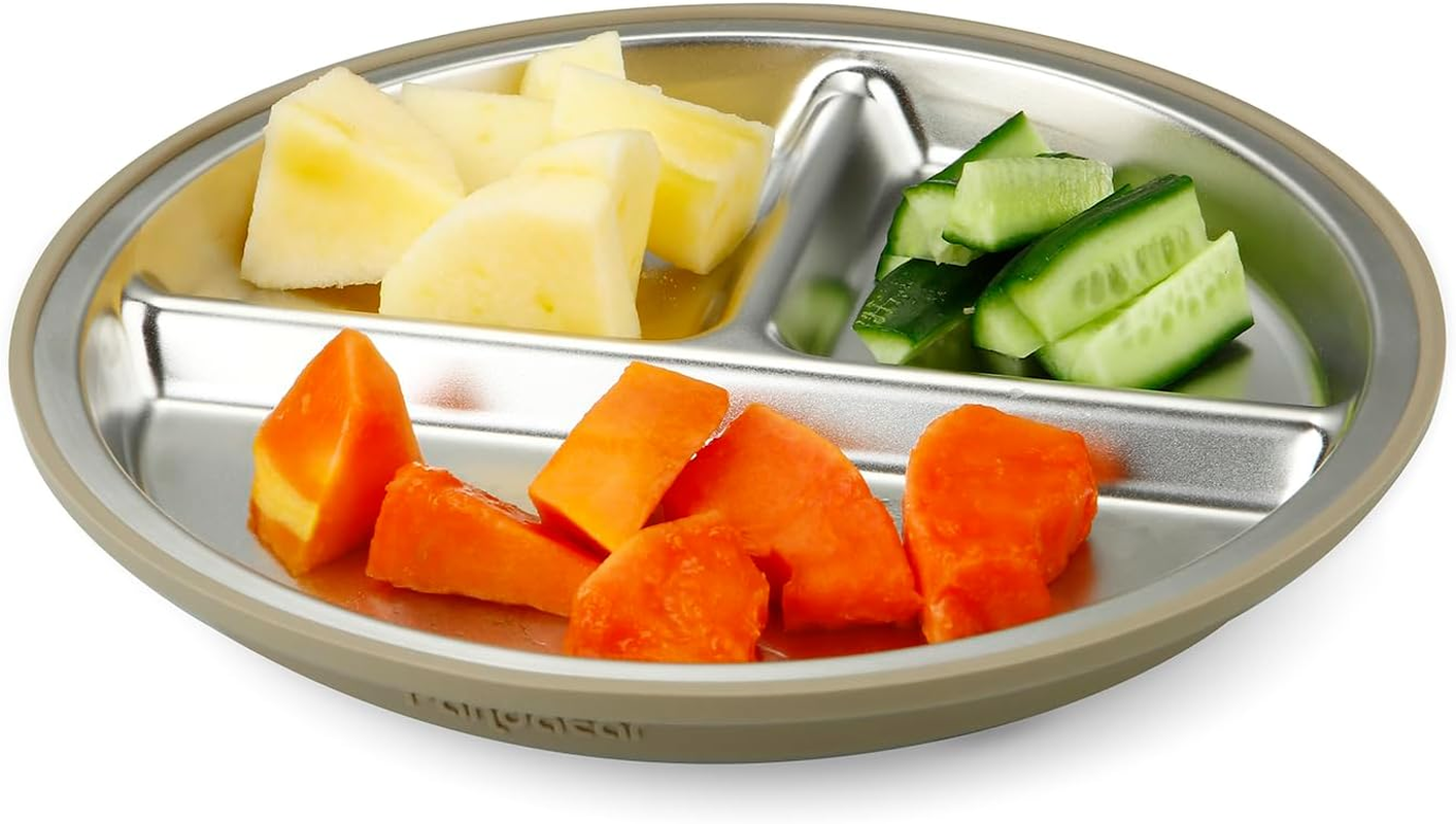 Pandaear 3 Pack Stainless Steel Baby Suction Plates, Divided Toddler Plate for Baby Led Weaning Supplies, Non-Slip Toddler Baby Feeding Set Dishwasher Safe