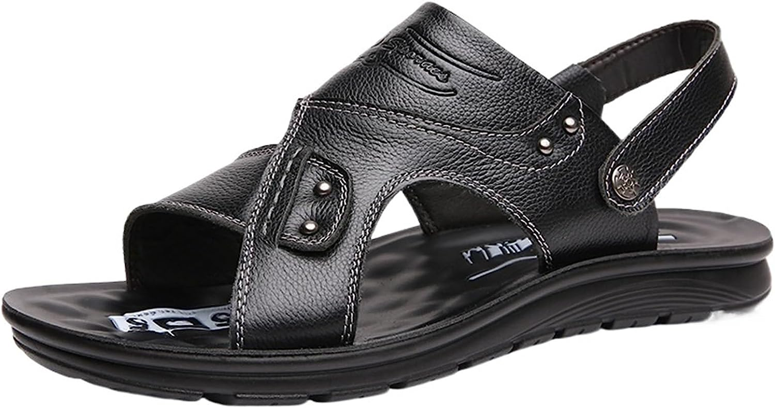 Men Leather Summer Sandals Casual Beach Shoes Leather Sandals Man Slippers Non-Slip Arch Support Adjustable (Color : Black, Size : 8) image number 2
