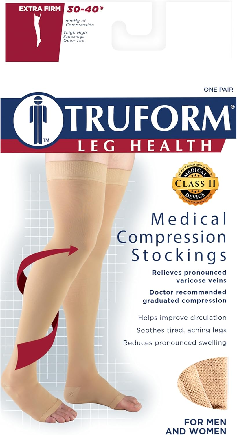 Truform 30-40 Mmhg Compression Stockings for Men and Women, Thigh High Length, Dot-Top, Open Toe, Black, Large image number 3