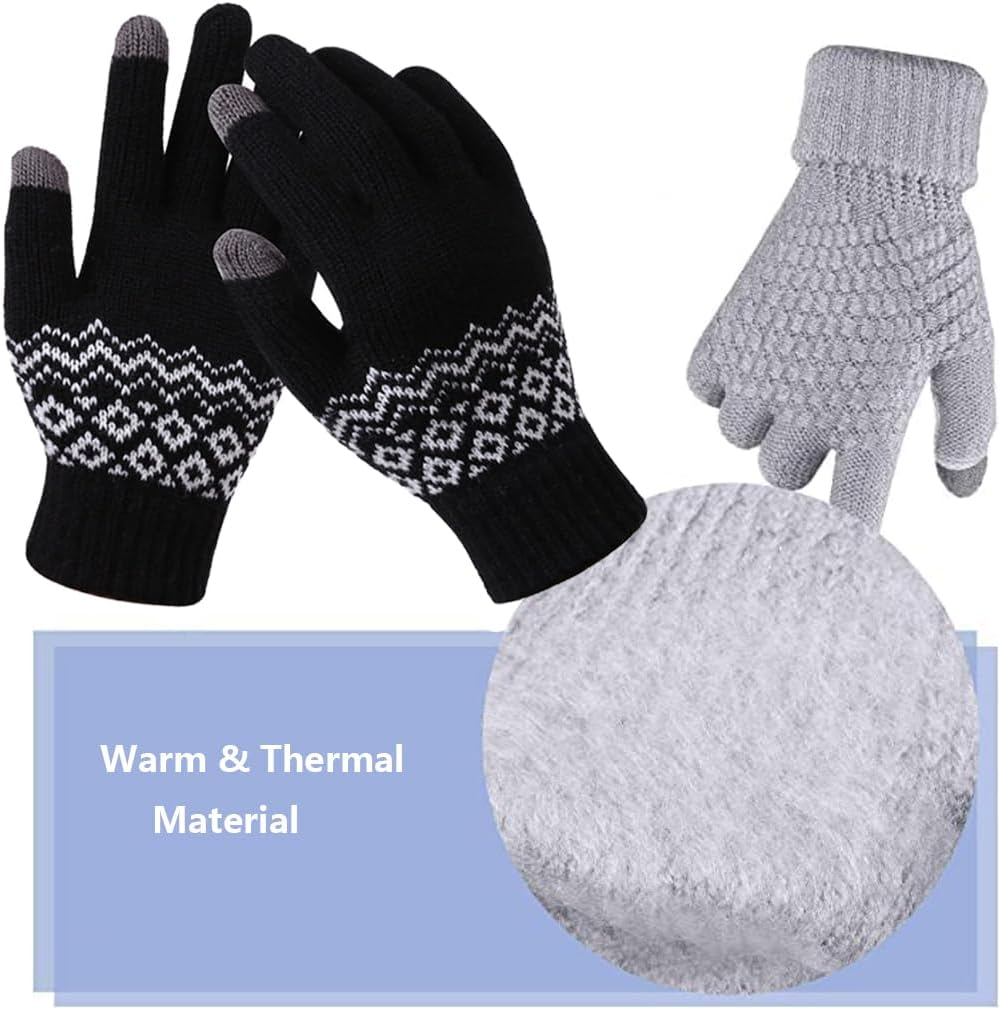 2 Pairs Winter Gloves with Touchscreen Fingers, Thermal Warm Knit Soft Fleece Lined Glove Women Men Elastic Cuff Glove for Running Driving Hiking - Black Grey image number 5