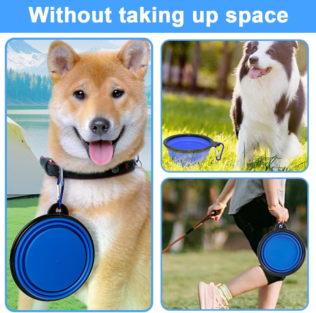 SGERUFZ Dog & Cat Travel Bowl Single Piece TPE and ABS with Silver Carabiner for Water & Food Ideal for Travel (Black Rim, Blue Body)