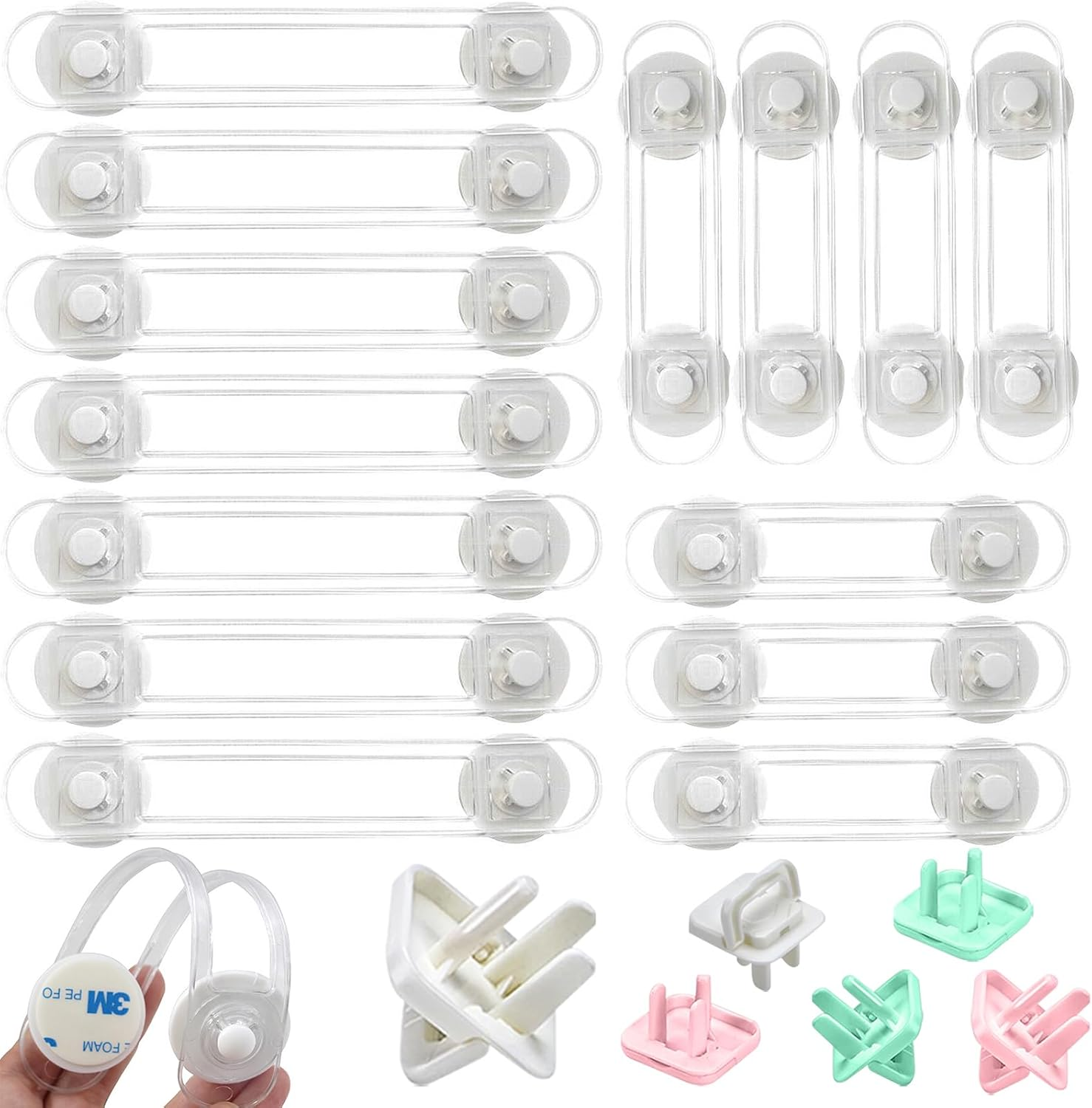 Child Safety Door Lock (14+6 Pack), Baby Proof Cabinet Latches Locks with 3M Self-Adhesive, with 6 Electric Outlet Pulg Covers, No Drilling, Kids Safety Cabinet Locks Straps Drawer Locks
