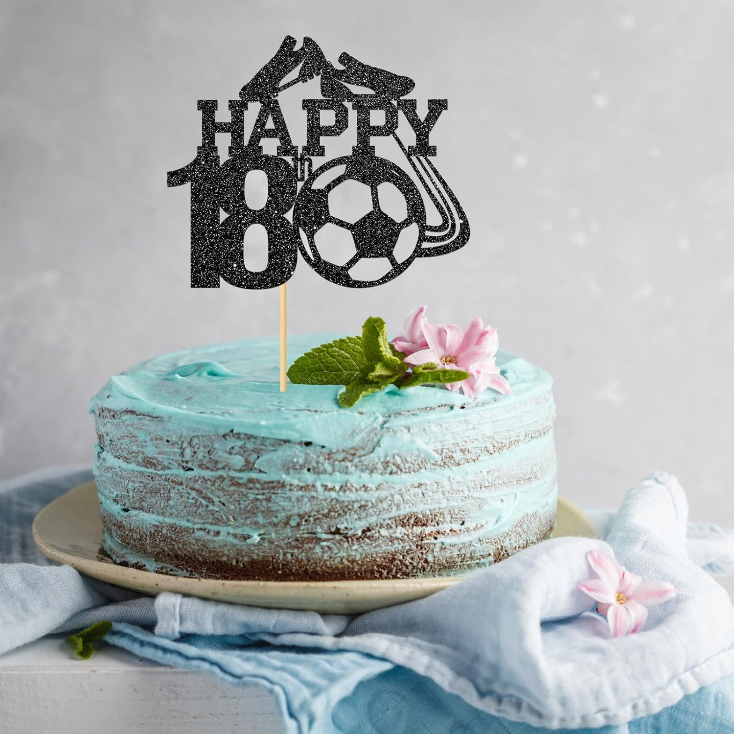 Monmon & Craft Soccer 18Th Birthday Cake Topper/Sport Theme Soccer Ball Cake Docer/Soccer Player Boy 18Th Birthday Party Decorations - Black Glitter image number 1