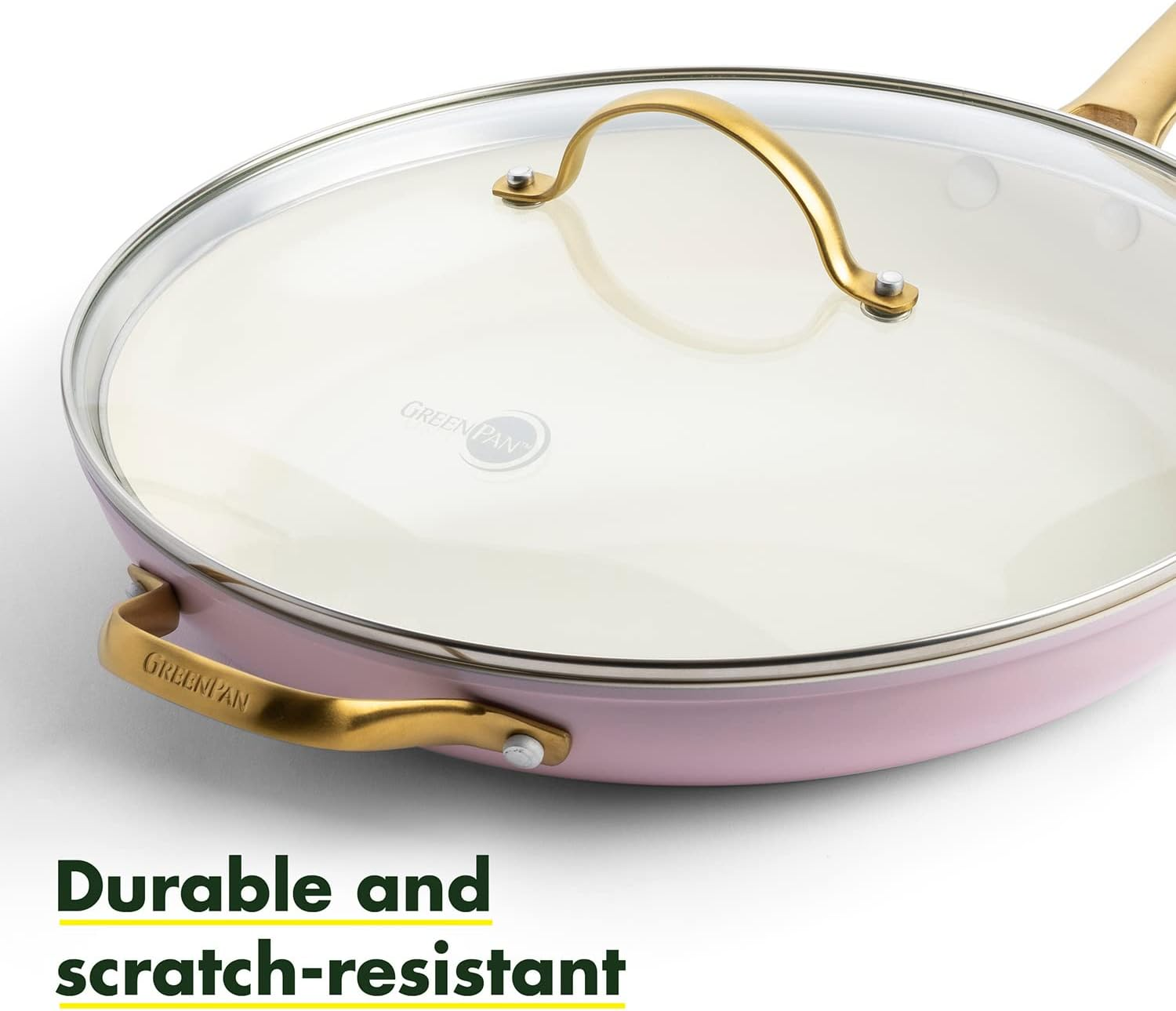 Greenpan Reserve Hard Anodized Healthy Ceramic Nonstick 30Cm Frying Pan Skillet with Helper Handle and Lid, Gold Handle, Pfas-Free, Dishwasher Safe, Oven Safe, Blush Pink image number 5