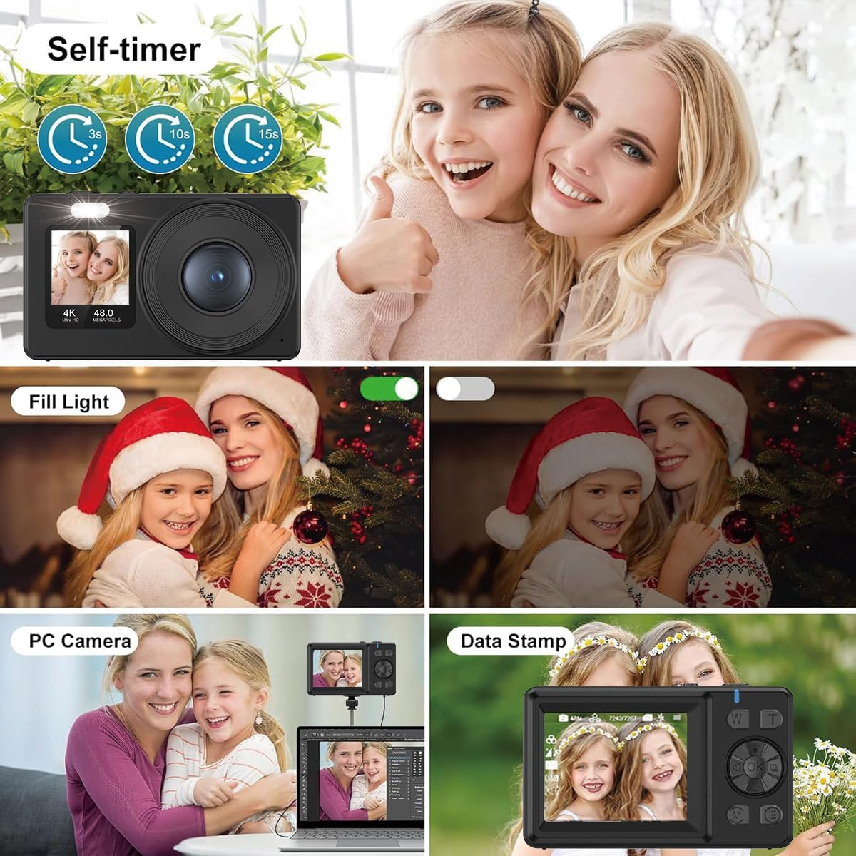 Dual-Screen 4K Digital Camera, with a 2.4" LCD Rear Screen and a 1.3" Front Screen, a 48-Megapixel Full HD Camera, an 18X Zoom Function, Nd a 64GB Memory Card, Black - White image number 5